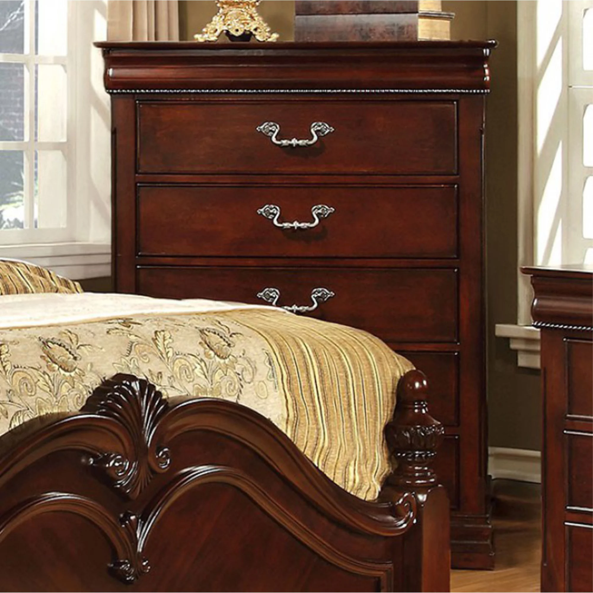 Benzara Traditional Style Wooden Bedroom Chest, Cherry Brown