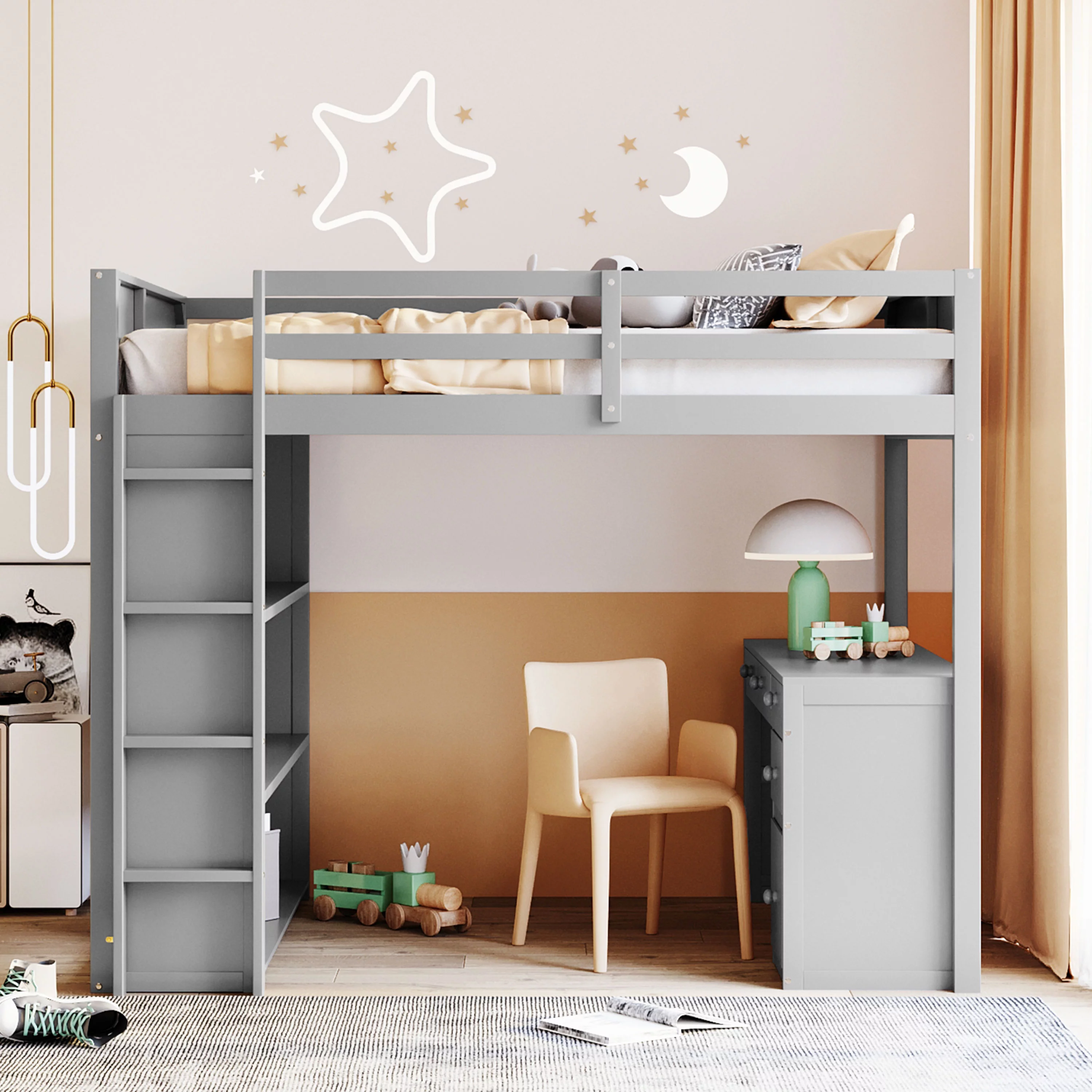 Loft Bed Frame with Ladder, Shelves, Drawers, and Desk, Health and Comfort Storage Shelves and Writing Desk, Wooden Loft Beds with Ladder, High Loft Bed for Kids Boys Girls Teens (Gray,Full)