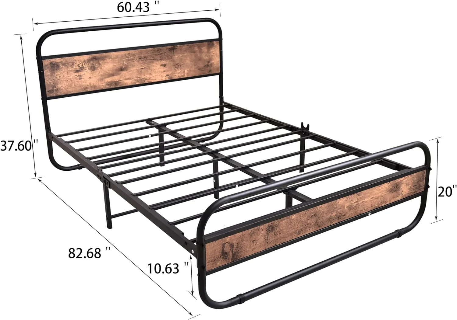 QCAI Queen Size Bed Frame with Wooden Headboard and Footboard, Heavy Duty Oval-Shaped Platform Bed with Under-Bed Storage, Steel Slats Mattress Foundation Round Pipe Design，Brown