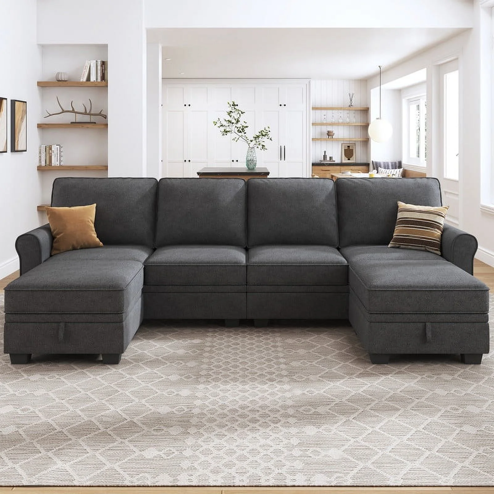 HONBAY Contemporary U-Shaped Sectional Storage Sofa and Hidden Storage with Ottomans for Living Room and Apartment, Dark Grey