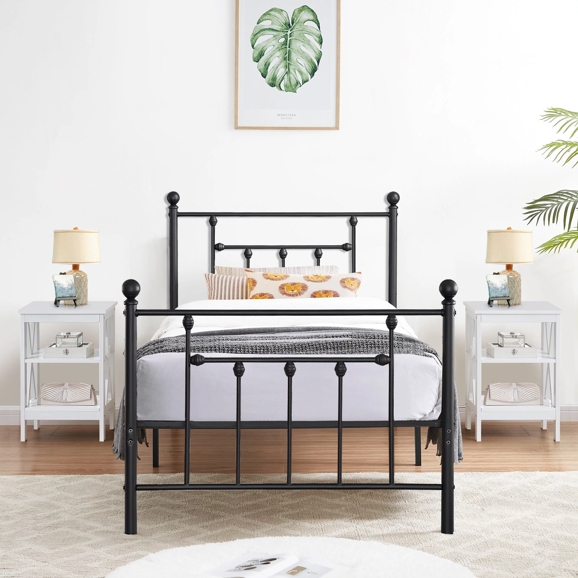3 Piece Twin Size Bedroom Sets Black Metal Bed Frame and 2 White Nightstands