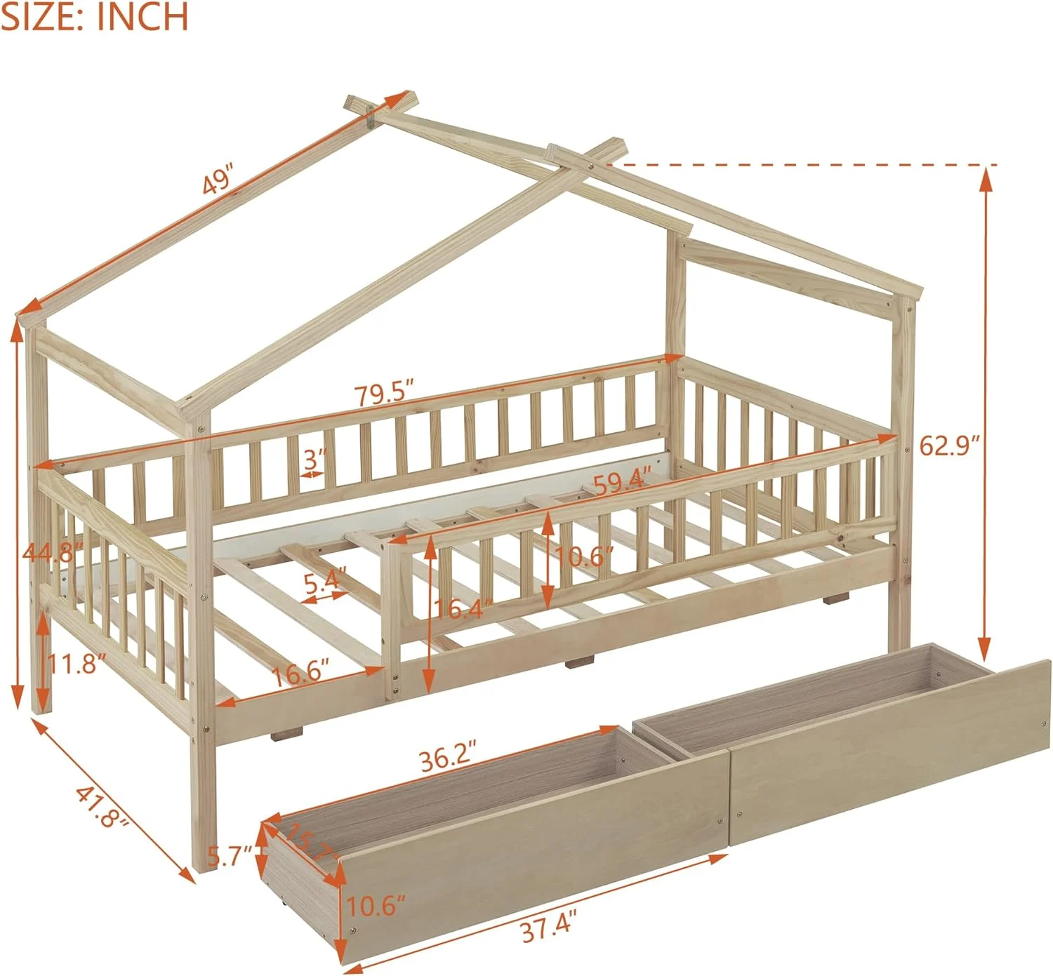 House Daybed With Storage Drawers For Kids, Wood House Platform Bed Frame For Boys Girls, Full-Legth Fece, o Boxig Sprig eeded, atural