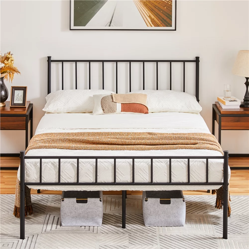 Topeakmart Full Metal Bed with Spindle Headboard and Footboard No Box Spring Needed, Black