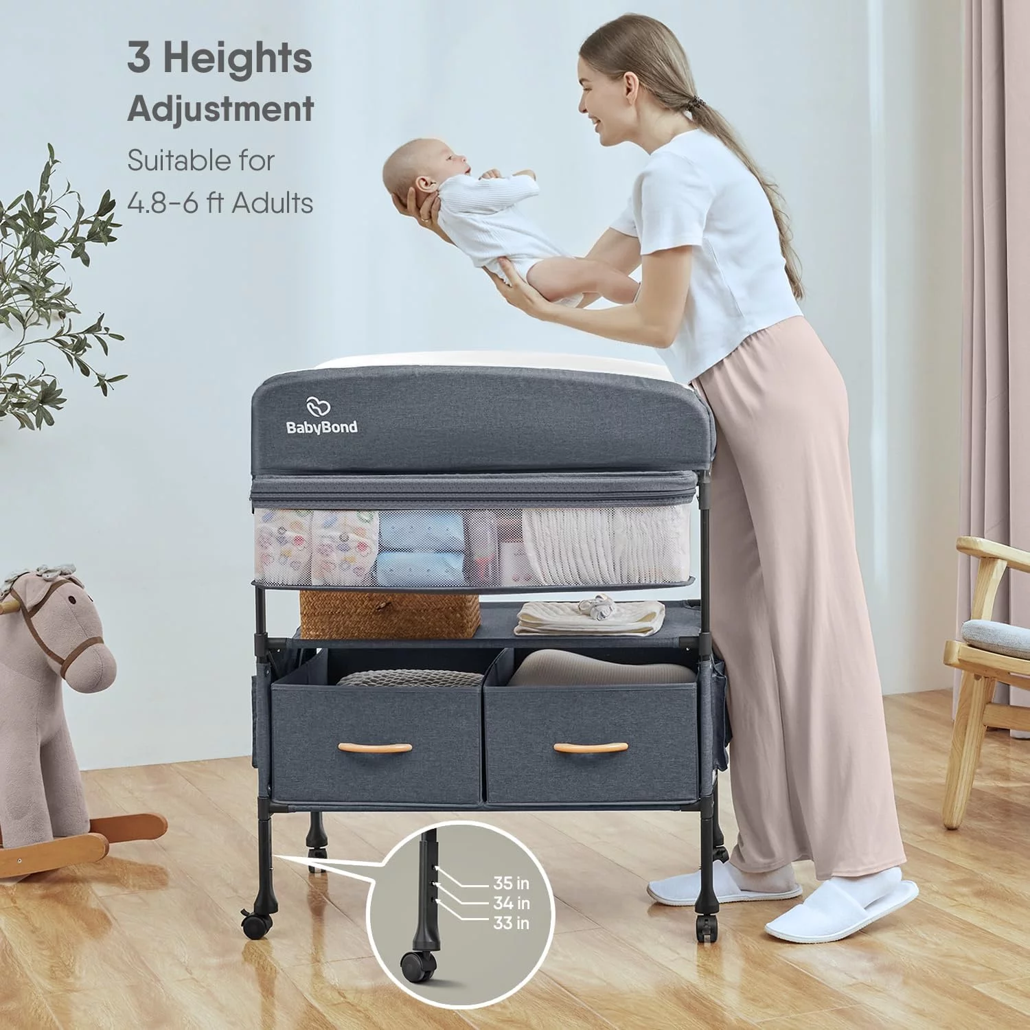 Portable Baby Changing Table with 2 Storage Baskets, BabyBond Foldable Changing Table Dresser Waterproof Diaper Changing Table Height Adjustable Changing Station for Infant and Newborn(Grey)