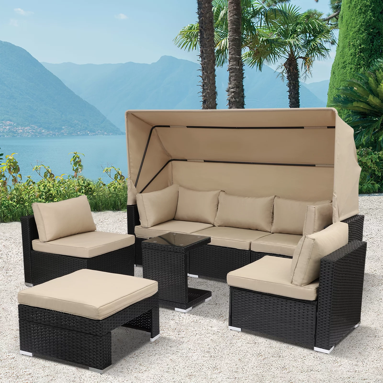 Magic Union 7 Pieces Patio Furniture Sets Daybed with Retractable Canopy, Outdoor Rattan Sectional Sofa Set(Khaki)