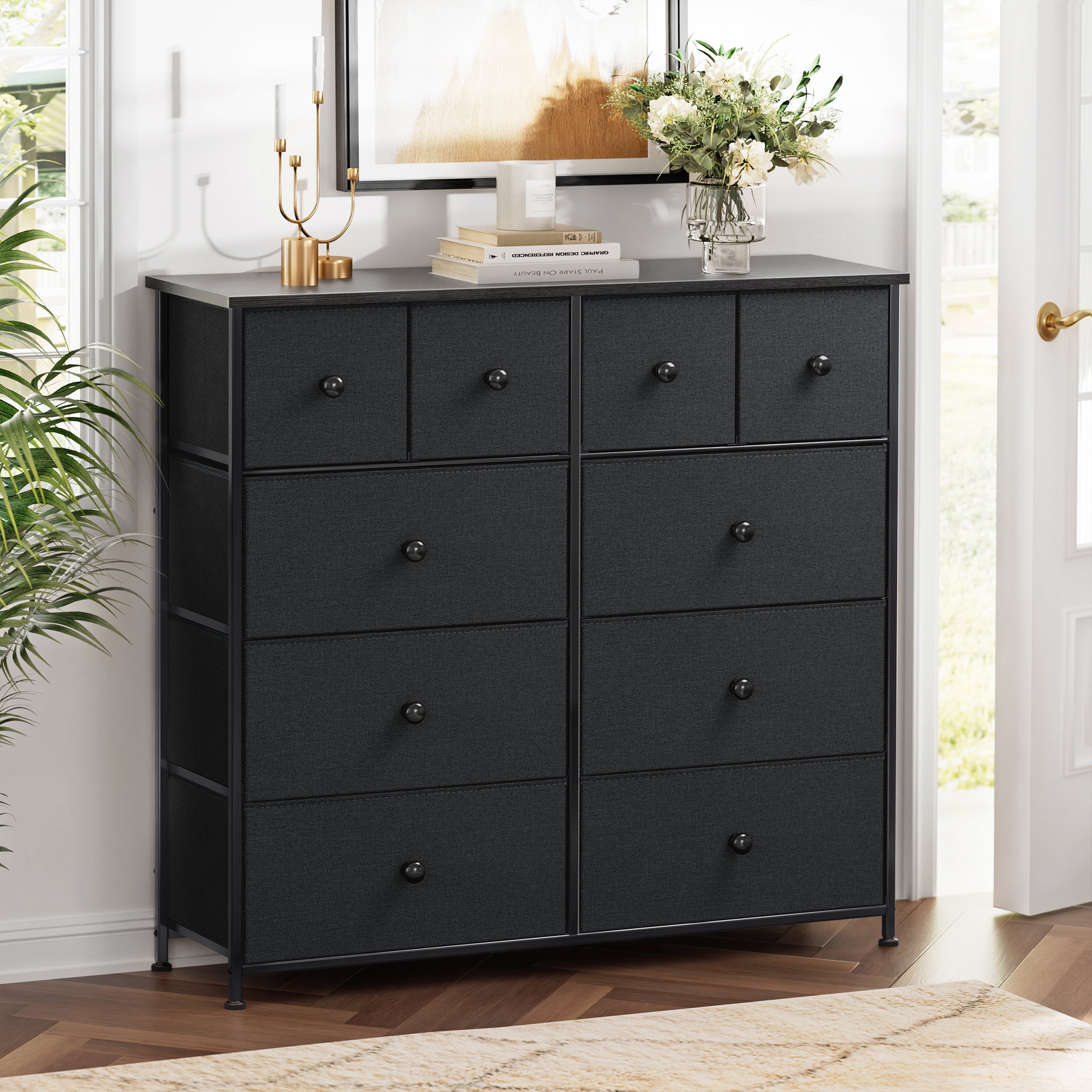 GUNAITO 10 Drawer Dresser for Bedroom Fabric Storage Tower Black Dresser with Wood Top Sturdy Steel Frame Storage Organizer Unit