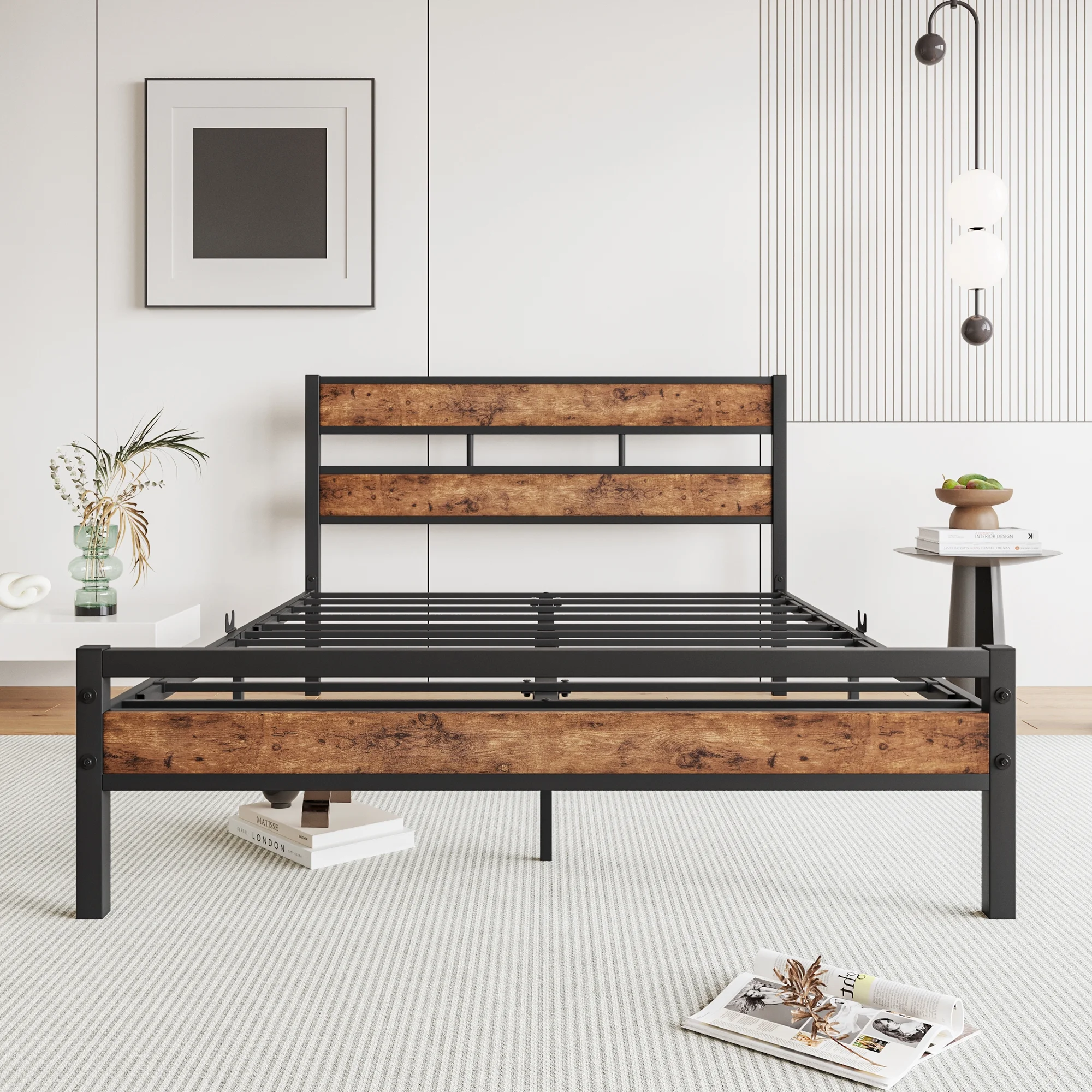 Full Size Platform Bed Frame with Rustic Vintage Wood Headboard, Strong Metal Slats Support