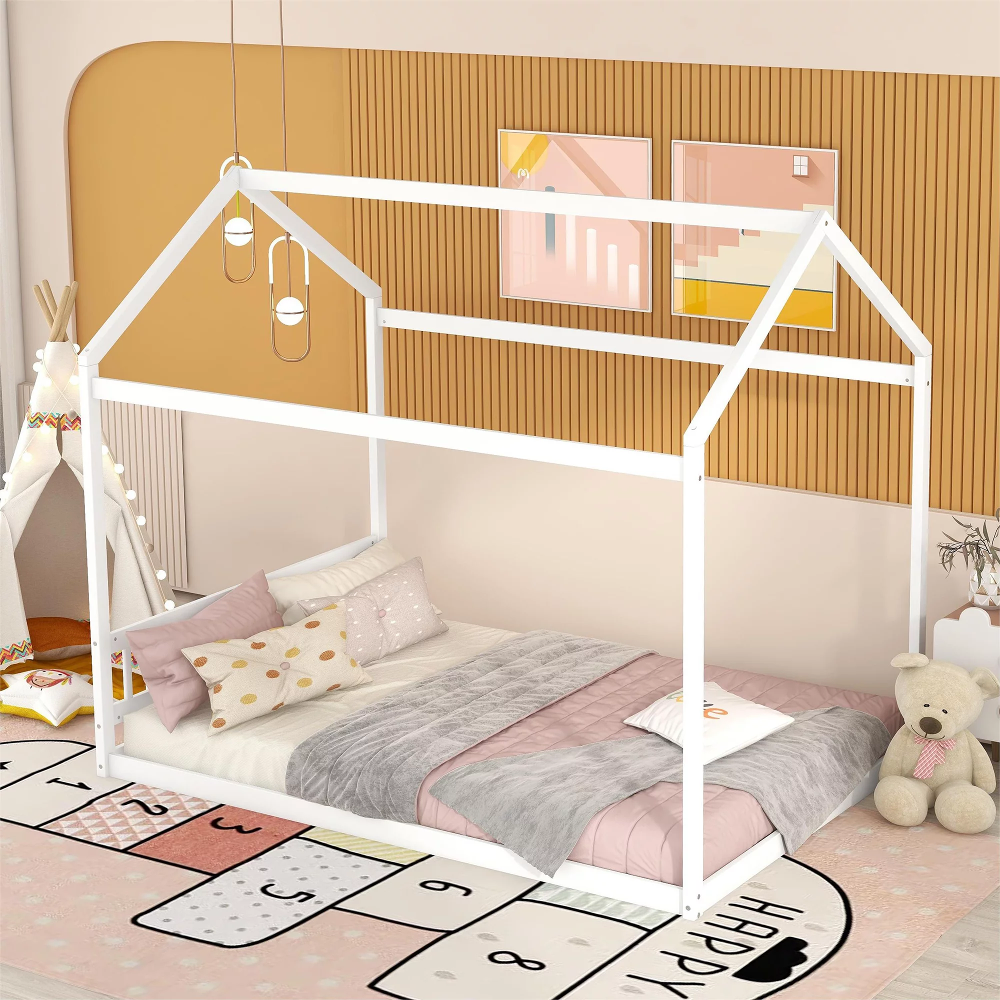 Euroco Pine Wood Queen Size House Shaped Canopy Bed for Bedroom, House Platform Bed for Living Room, White