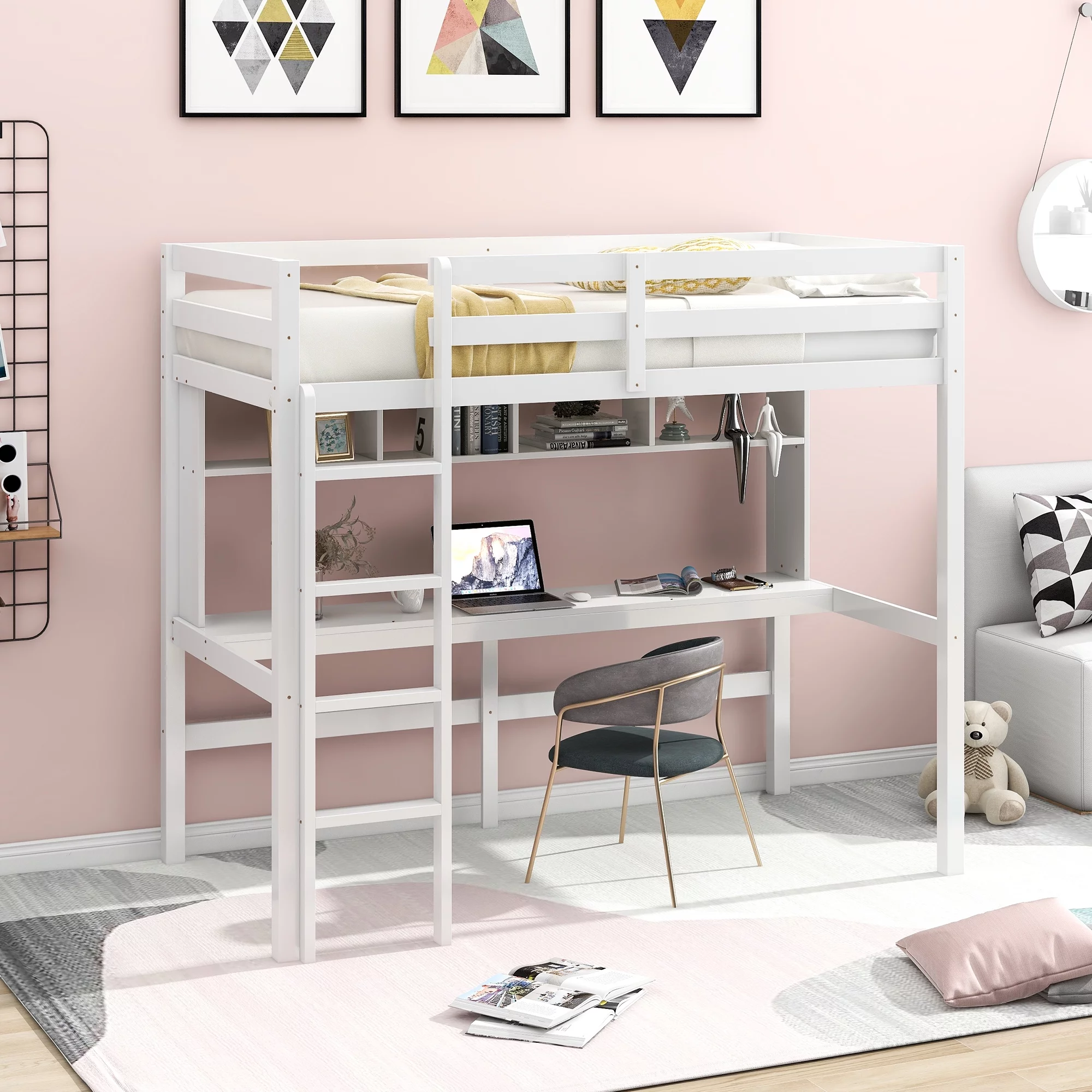 Nestfair White Twin Size Loft Bed with Convenient Desk and Shelves