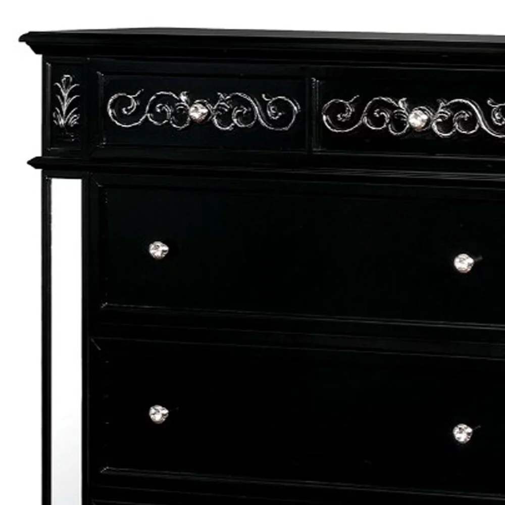 Spacious Drawers Solid Wood Chest with Crystal Knobs and Bun Feet, Black and Silver