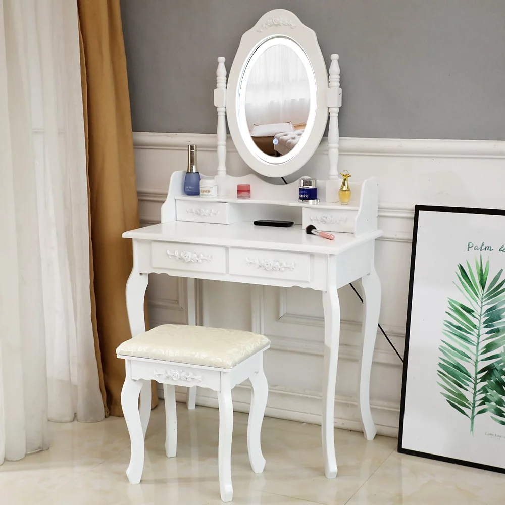 BMTBUY LED Single Mirror 4 Drawer Dresser White