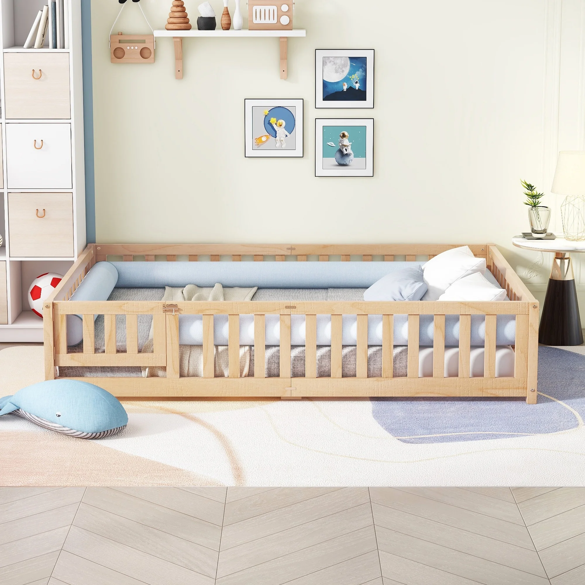 CoSoTower Queen Size Bed Floor Bed with Safety Guardrails and Door for Kids, Natural (Expect Arrival Date Nov.2Nd)