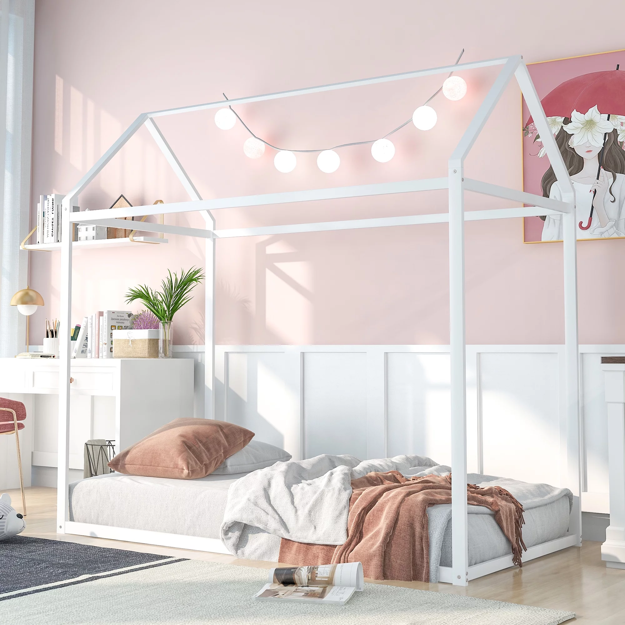 House Bed Frame Twin Size , Kids Bed Frame Metal&nbsp; Platform Bed&nbsp; Floor Bed for Kids Boys Girls No Box Spring Needed White