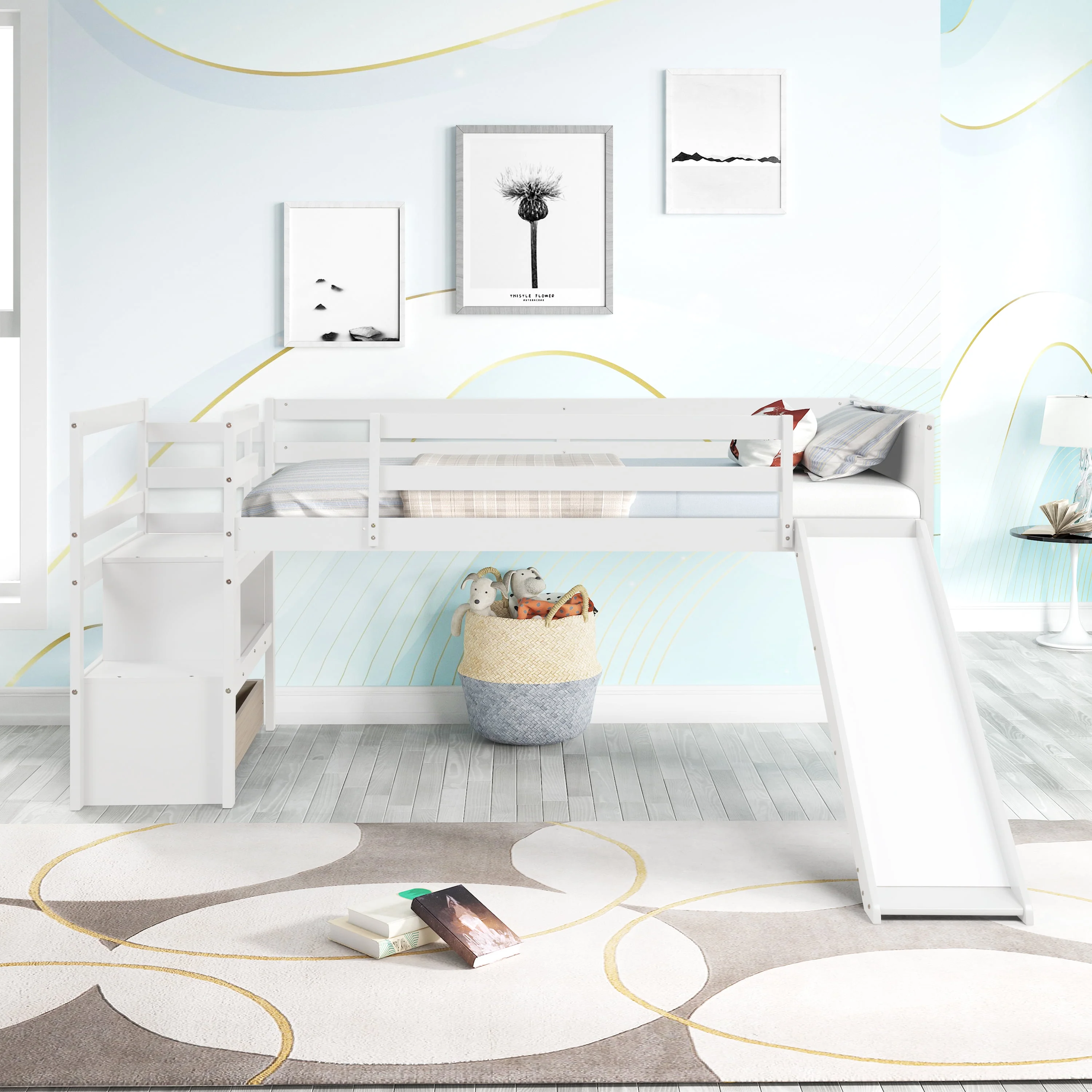 Dcenta Twin Low Loft Bed with Stairs and Slide
