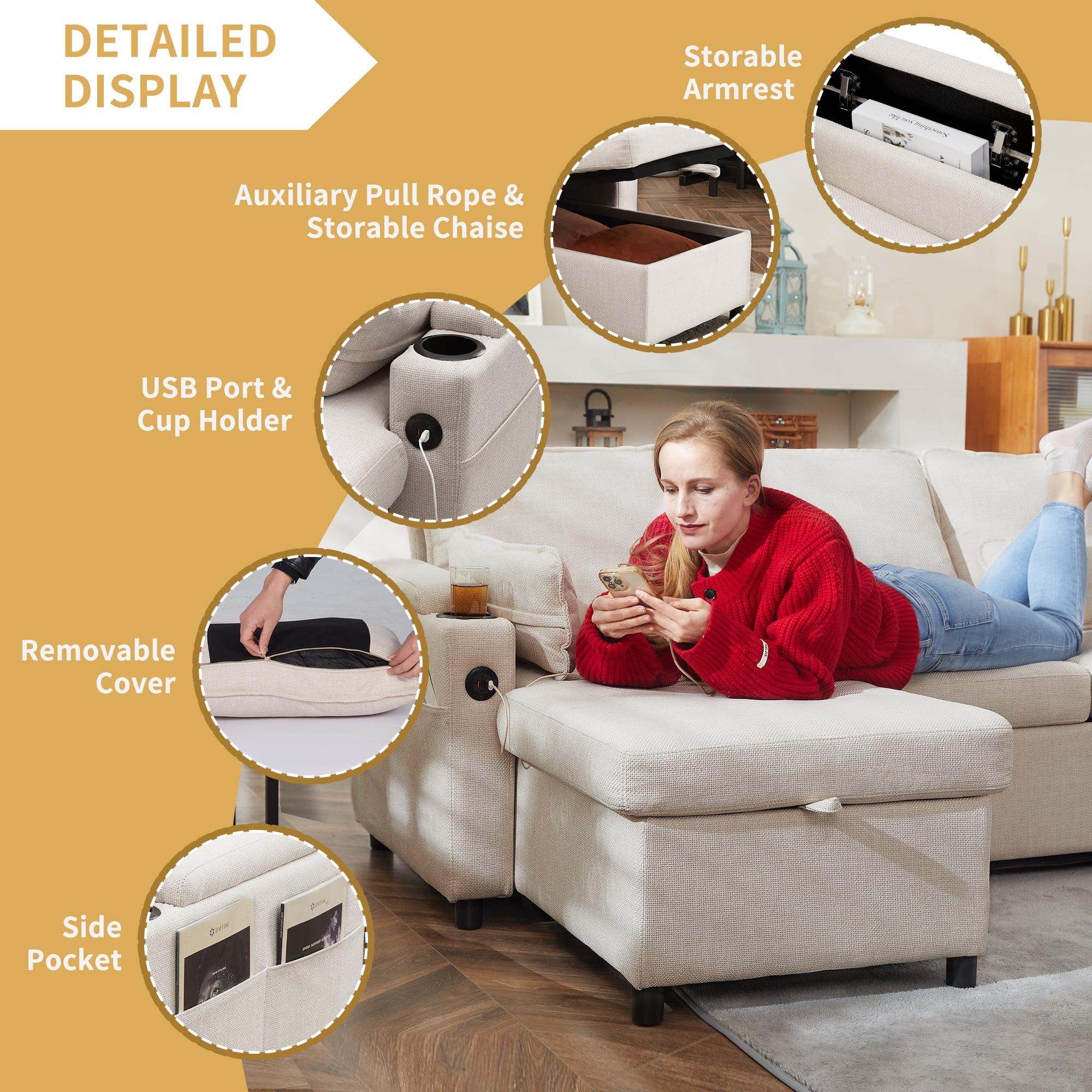 Duraspace Sectional Sleeper Sofa with Storage Chaise, Reversible Pull Out Couch Sofa Bed, L-Shape Beige