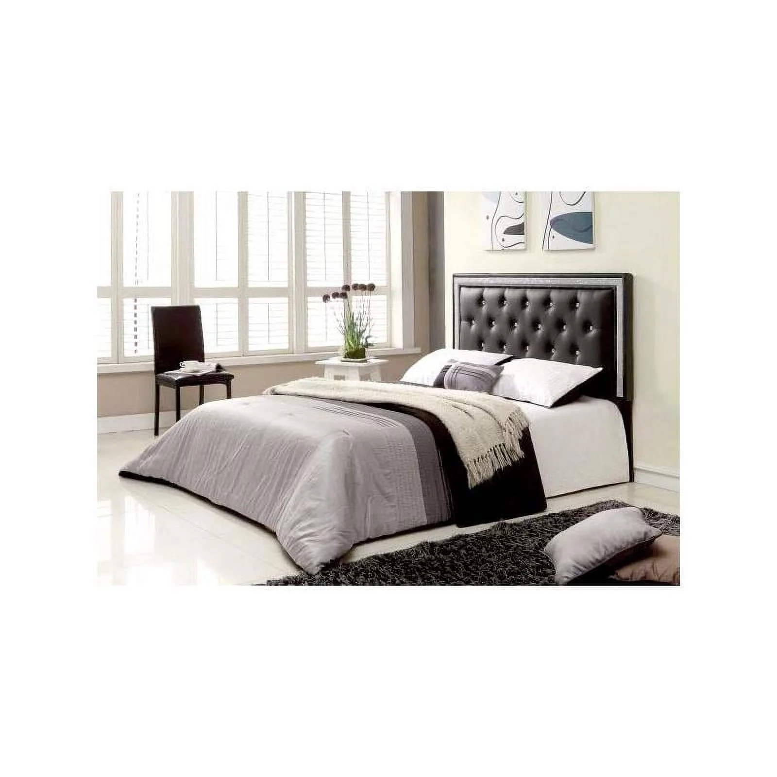 Bowery Hill Faux Leather Full/Queen Headboard Tufted Crystal Rhinestone in Black