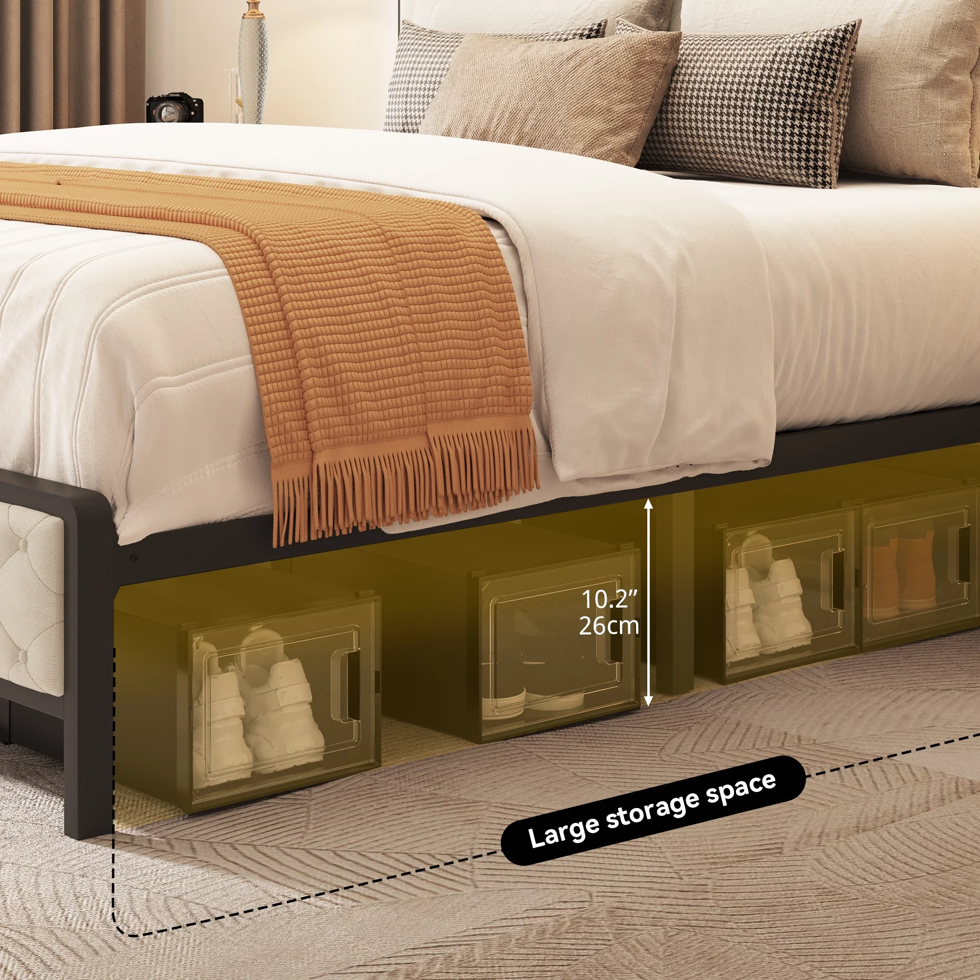 Dextrus King Size Bed Frame with Charging Station Footboard Metal Slats, and Storage Headboard, Beige