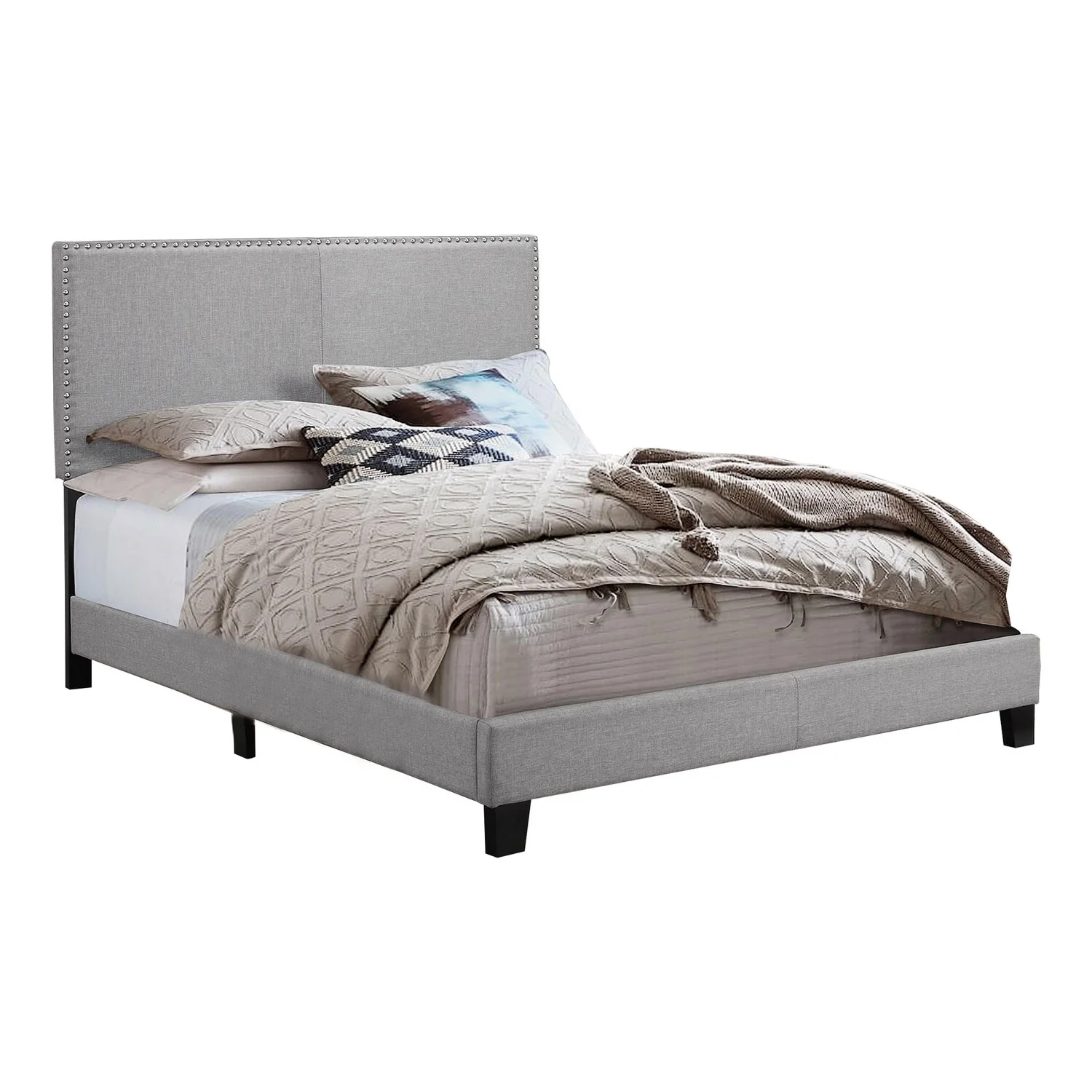 Benjara Shirin Queen Size Bed, Wood, Nailhead Trim, Upholstered Headboard, Gray
