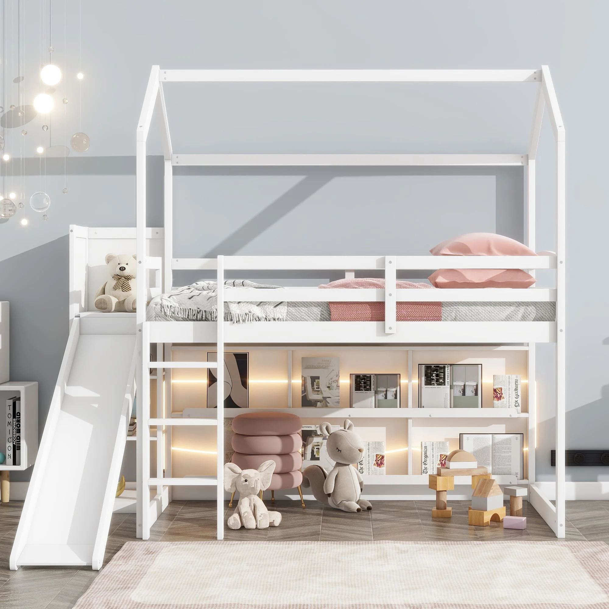 Twin Size Multifunctional High Loft Bed with Slide, Storage shelves and Light, Sturdy Wooden Loftbed Frame with Ladder & Safety Guardrail for Teens Bedroom, Space Saving Design
