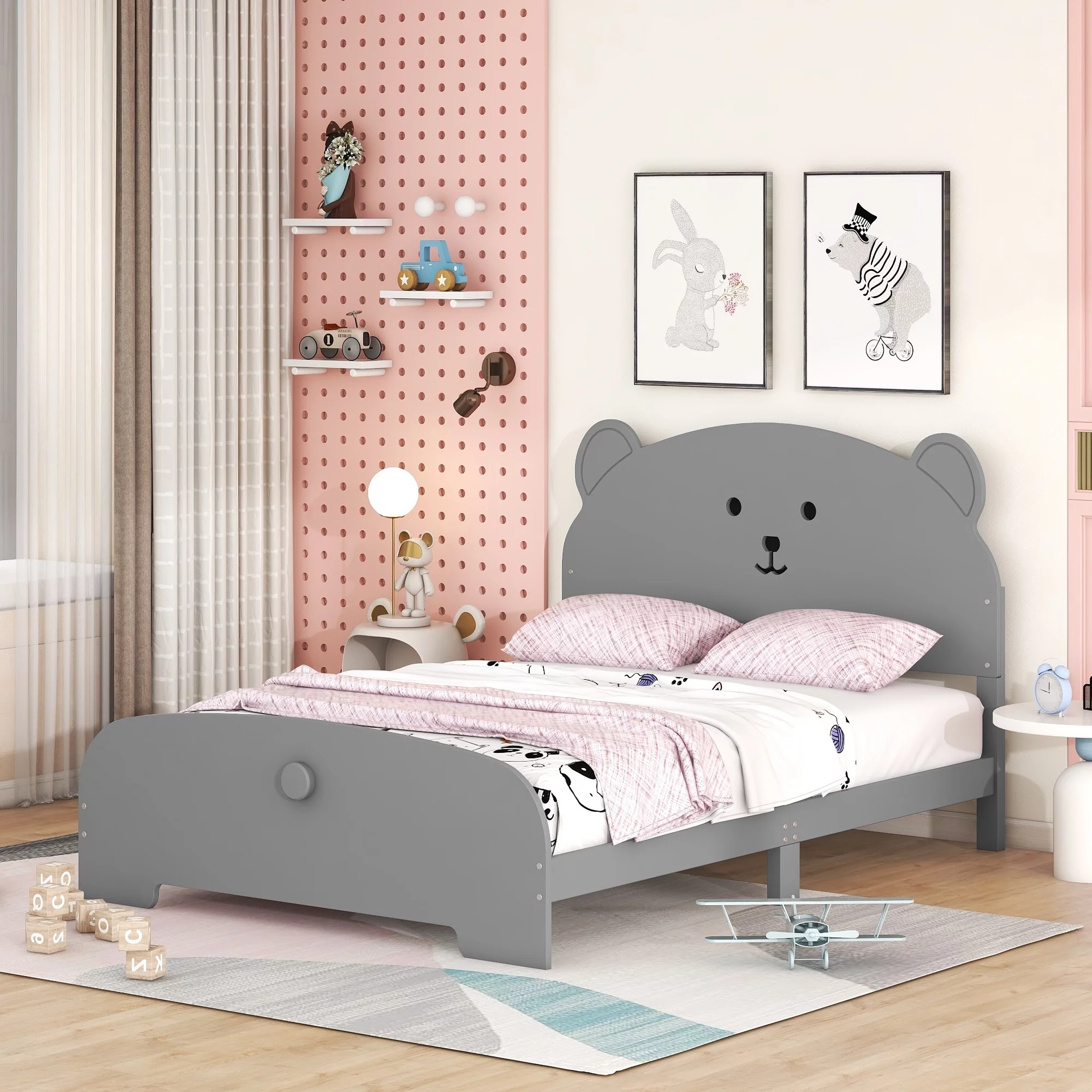 CoSoTower Full Size Wood Platform Bed with Bear-shaped Headboard and Footboard,Gray