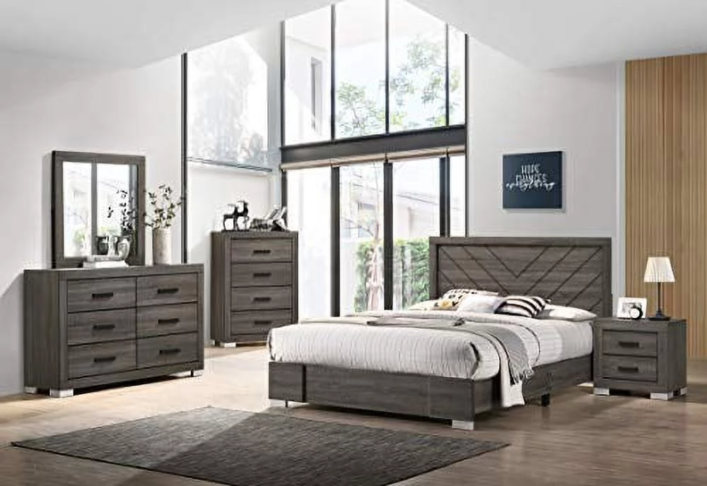 Kings Brand Furniture Lorain 6-Piece Queen Size Gray Bedroom Set. Bed, Dresser, Mirror, Chest & 2 Nightstands