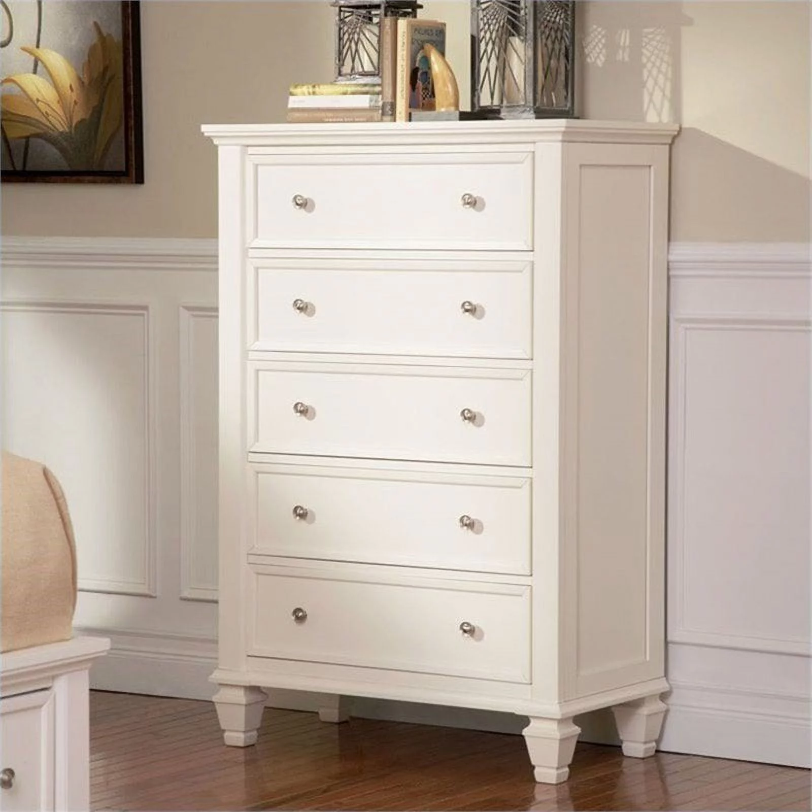 Kingfisher Lane 5 Drawer Chest in White and Silver