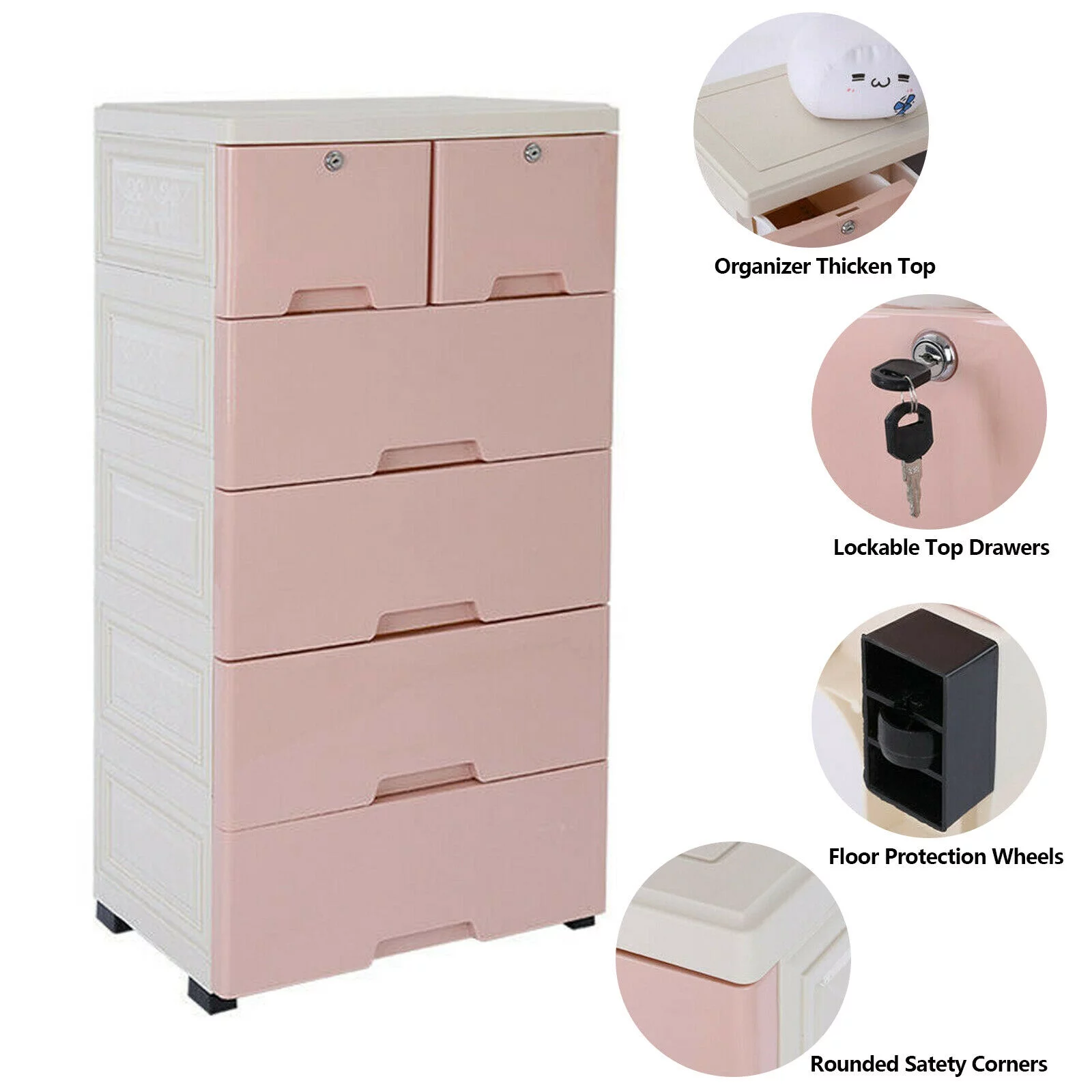Plastic Storage Closet Cabinet 6 Drawers Dresser Locker Freestanding Organizer with Wheels, Bedroom Living Room Office Furniture