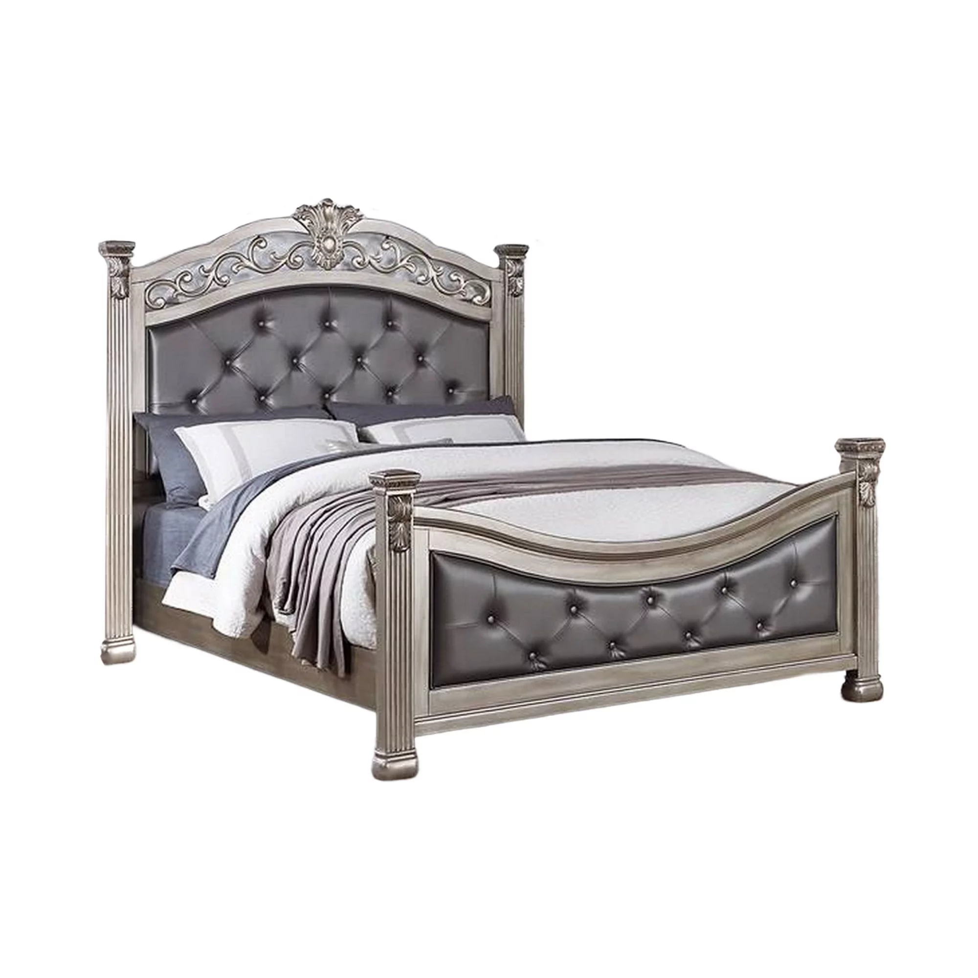 Benjara Jax California King Bed, Button Tufted Upholstered Headboard, Champagne