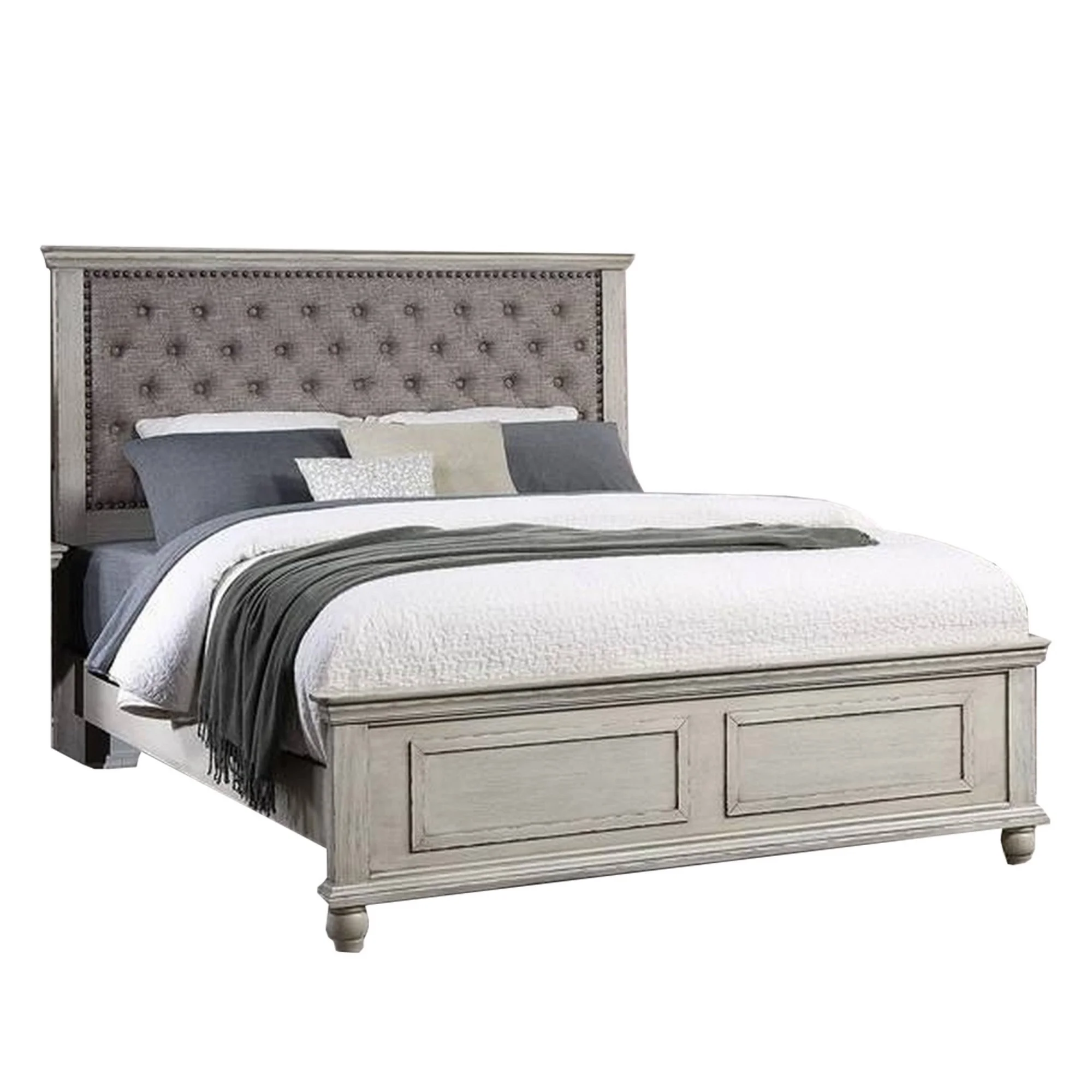 Benjara Zea California King Bed, Button Tufted Upholstered Headboard, Antique White
