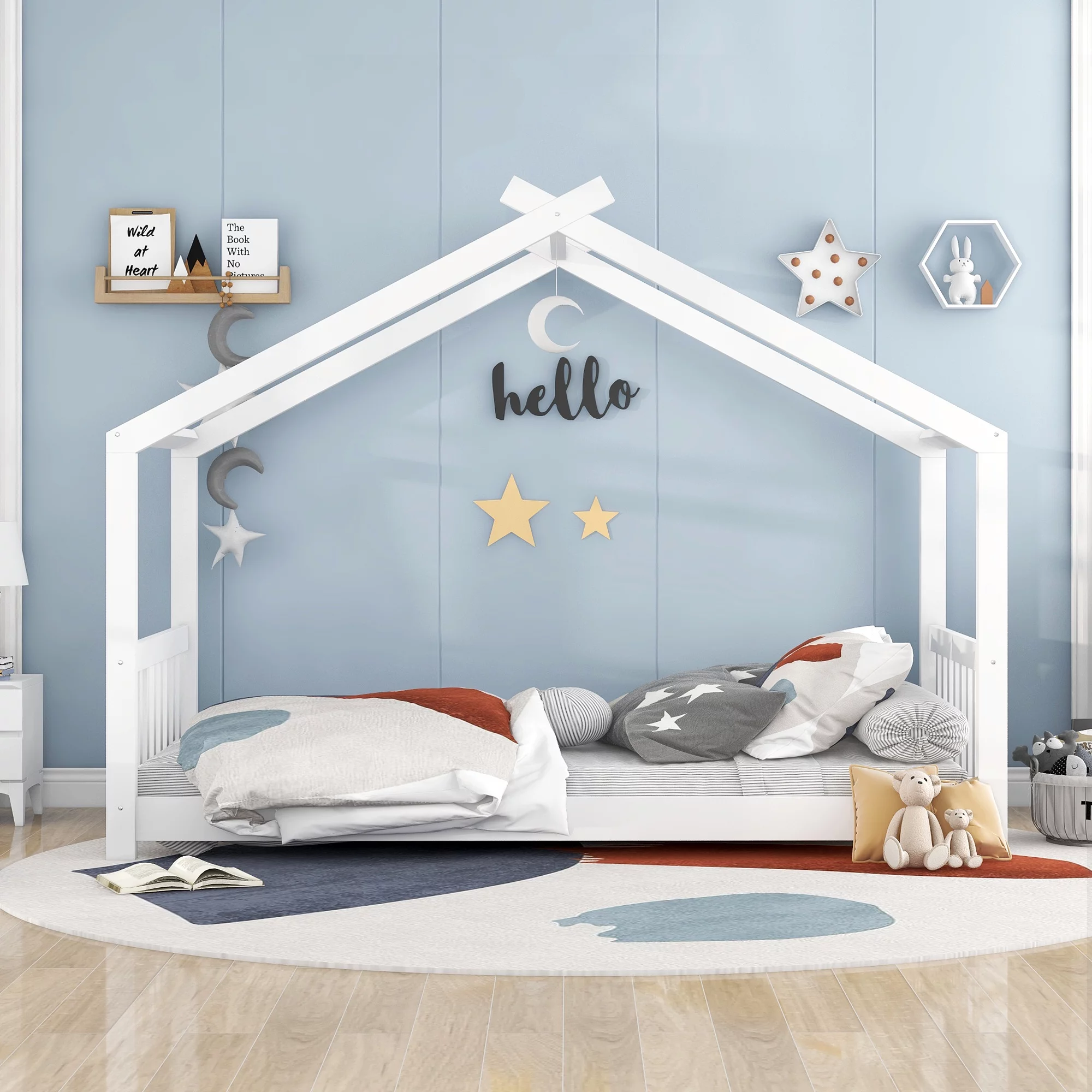 Euroco Wood House-Shaped Platform Bed for Kids, White