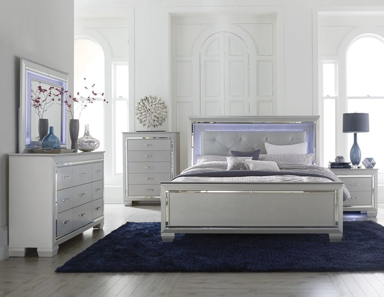 Gorgeous Silver Finish 4pc Bedroom Set Full Size LED Bed Nightstand Dresser LED Mirror Wooden Furniture