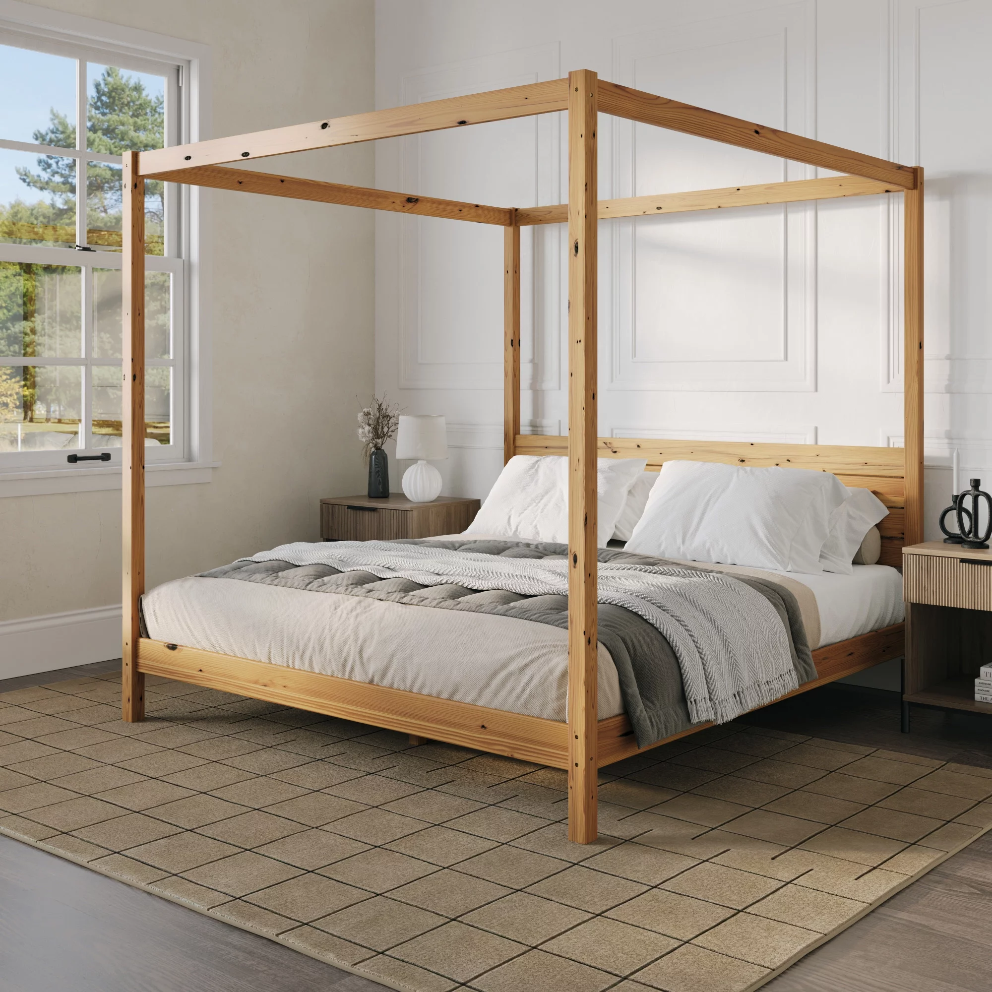 Walker Edison Minimalist Solid Wood King-Size Canopy Bedframe, Natural Pine