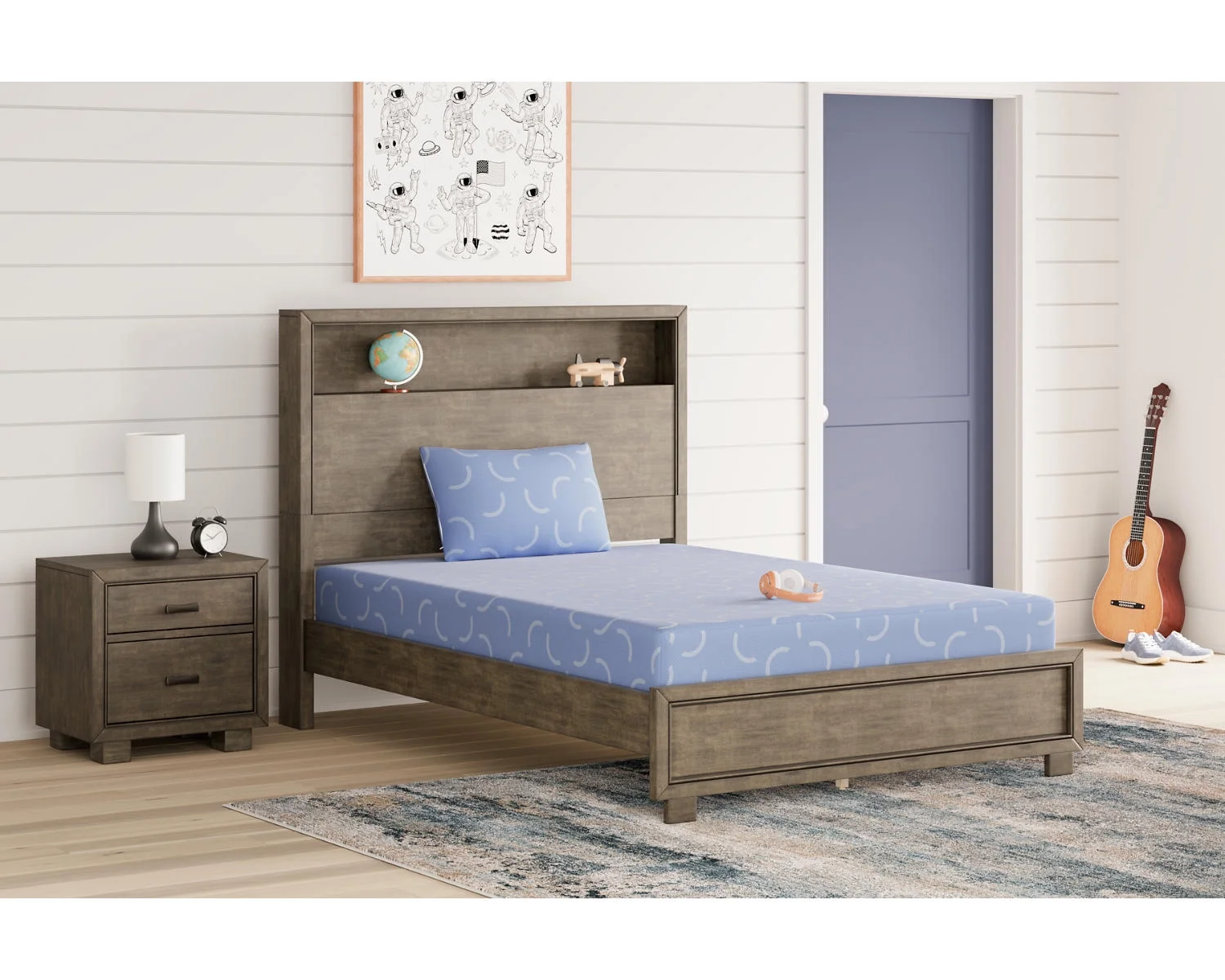 Signature Design by Ashley Full Size iKidz 7 Inch Firm Memory Foam Mattress with Stretch Knit Cover & Pillow Included, Blue Ocean