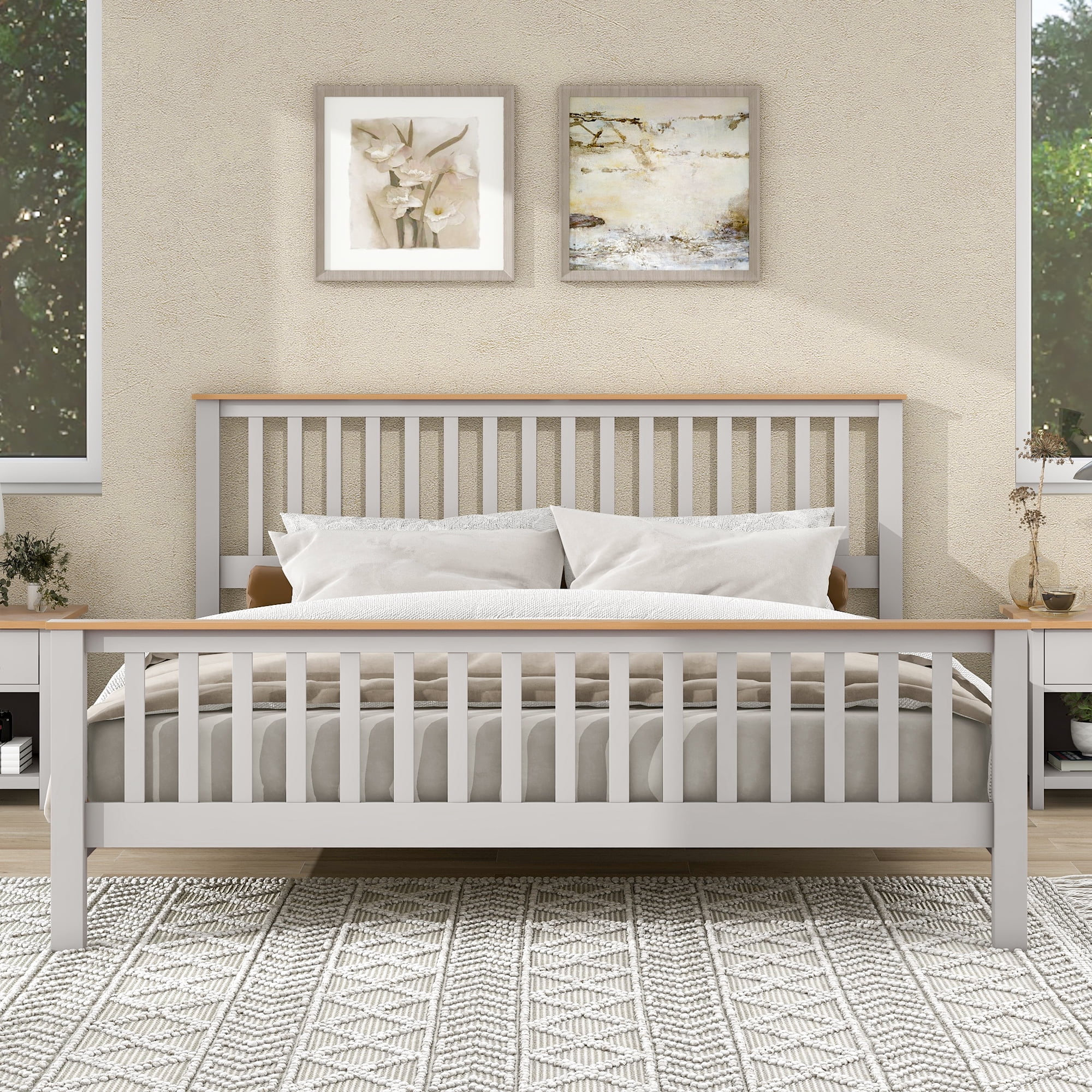 iRerts King Platform Bed Frame with Headboard and Footboard, Solid Wood Bed Frames King Size with Slats Support, Oak Top, Modern King Bed Frame No Box Spring Needed for Kids Adults, Country Gray