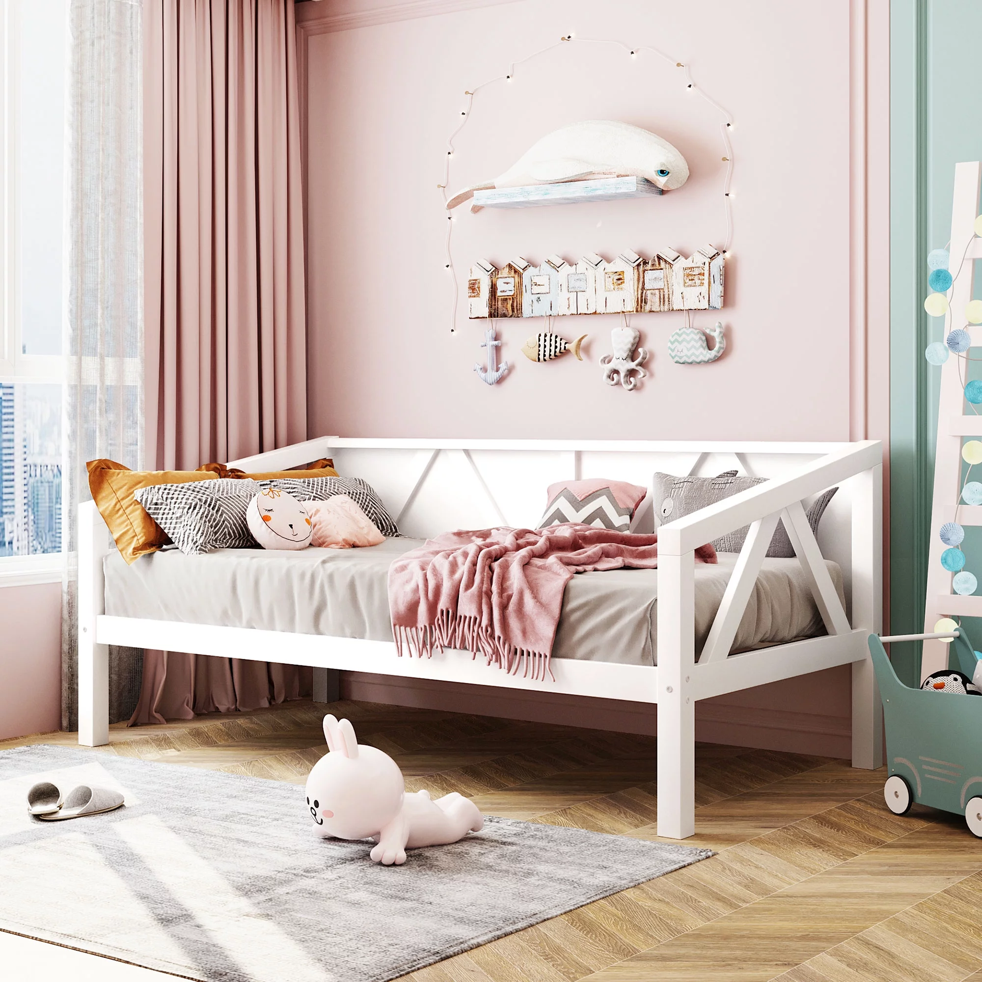 SESSLIFE Twin Daybed, Wood Day Bed Frame for Kids Adults, Twin Size Sofa Bed for Bedroom, Living Room, White