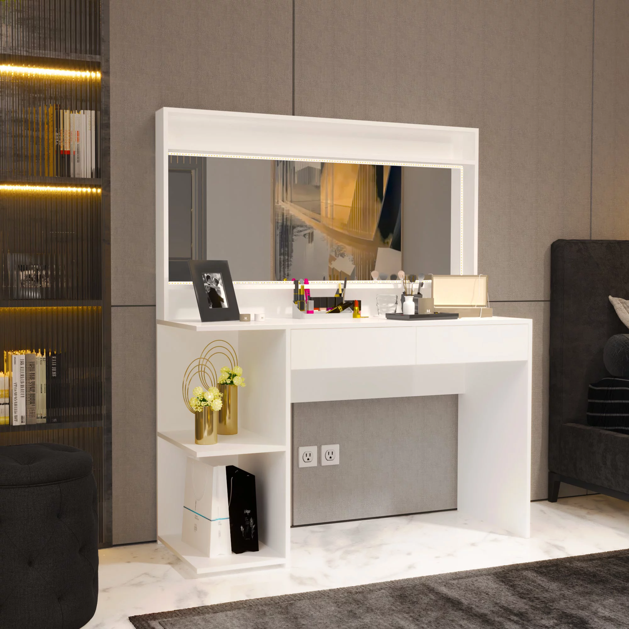 Boahaus Nixi Modern Lighted Vanity Table, White, for Bedroom