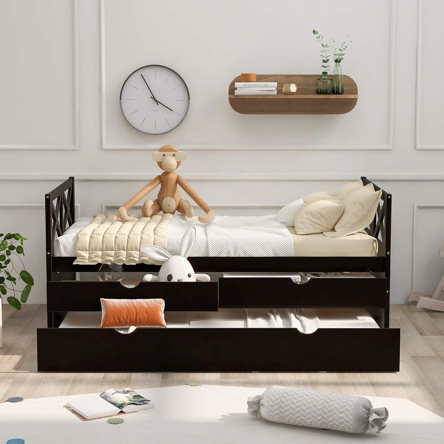 Daybed Wih rudle Ad 2 Sorage Drawers, Wood Moder Sofa Frame Wih Sorage, Wood Sla Suppor For Bedroom,Livig Room (Espresso)