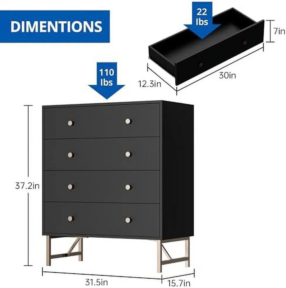 NLIBOOMLife Modern 4 Drawer Dresser 4 Drawer Chest of Drawers with Gold Knobles and Legs Closet Dresser Chest of Drawer for Bedroom Living Room White