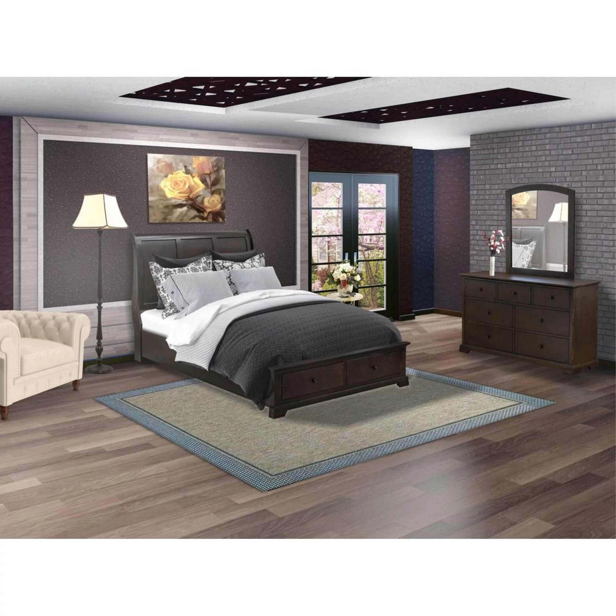 East West Furniture Cordova 3-PC Bedroom Set Contains a Platform Bed, Mid Century Modern Mirror and a Bedroom Dresser with 6 Drawers - Wire Brushed Walnut Finish