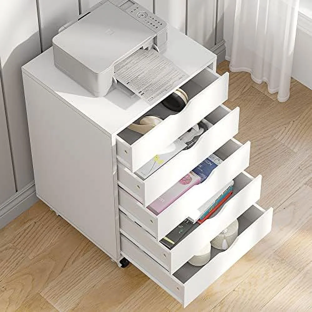KHBIULIFE 5 Drawer for Bedroom Dressers & Chests of Drawers with Wheels Under Desk Home Office Closet Dresser Wood Nightstand Cabinet White
