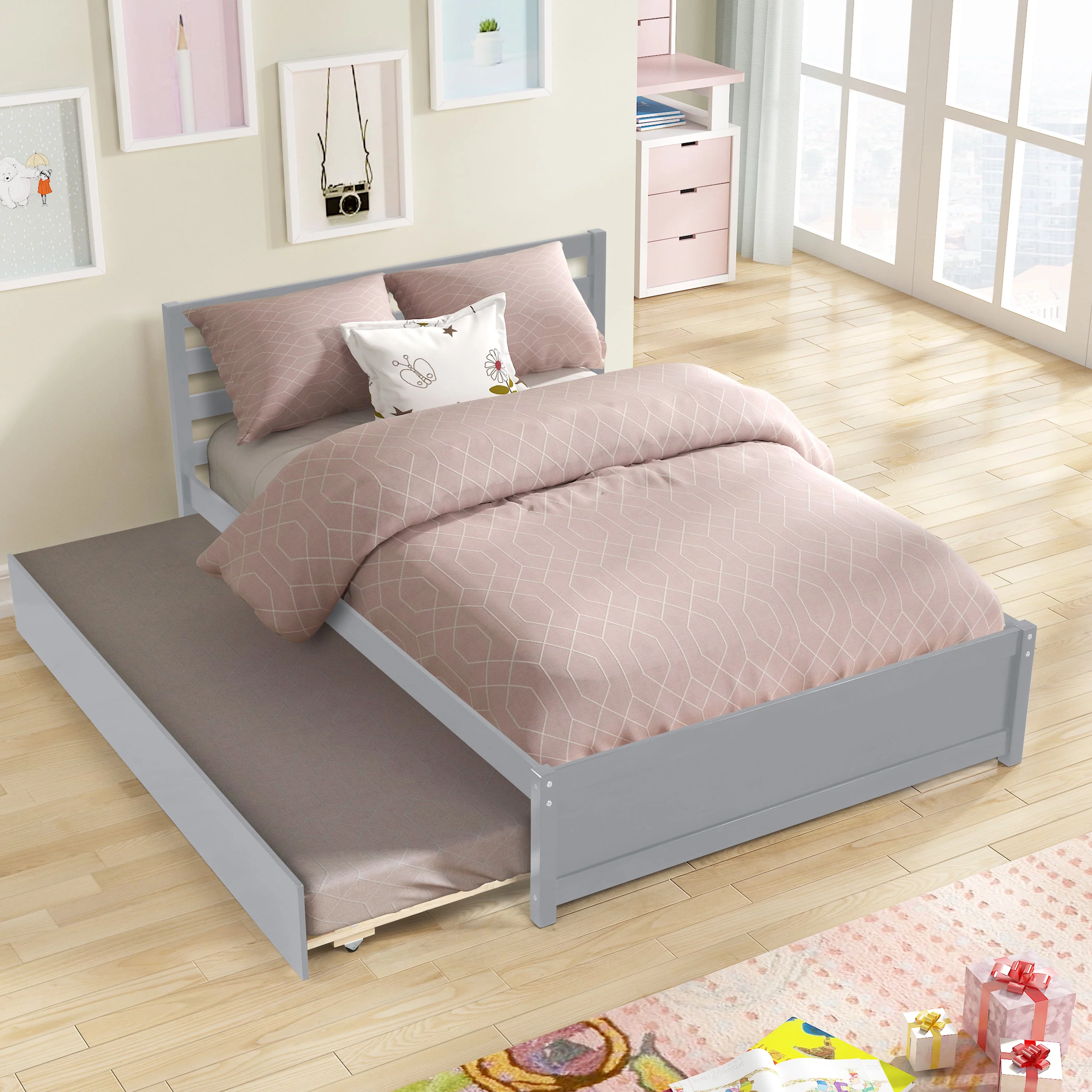 CoSoTower Full Size Wood Platform Bed Frame With Headboard And Twin Trundle