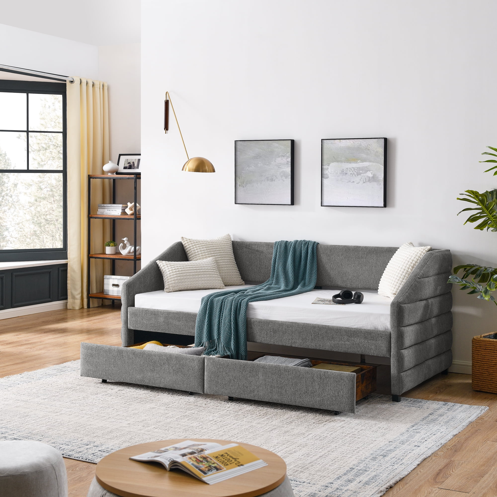 Twin Size Daybed with Two Drawers Trundle Upholstered Tufted Sofa Bed, Linen Fabric, Grey (82.5