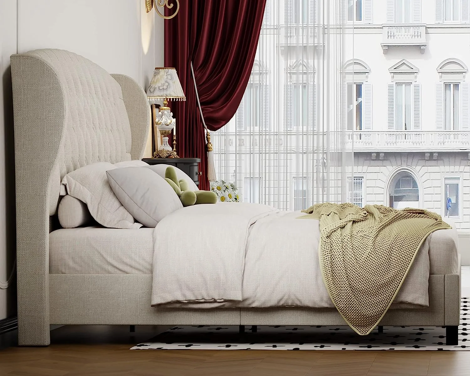 PaPaJet Queen Size Platform Bed Frame, Linen Curved Upholstered Bed with Shell Wingback Headboard/Deep Button Tufted/No Box Spring Needed/Beige