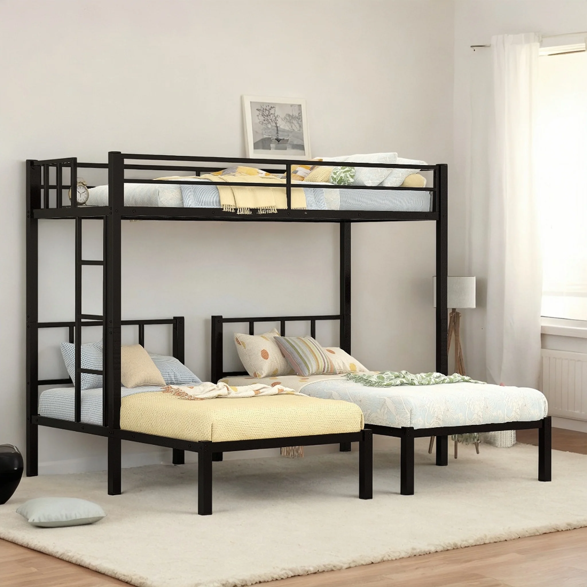 Detachable Triple Bunk Bed with Guardrails - Twin Over Twin & Twin Bunk Bed - Metal Triple Bunk Bed - Black
