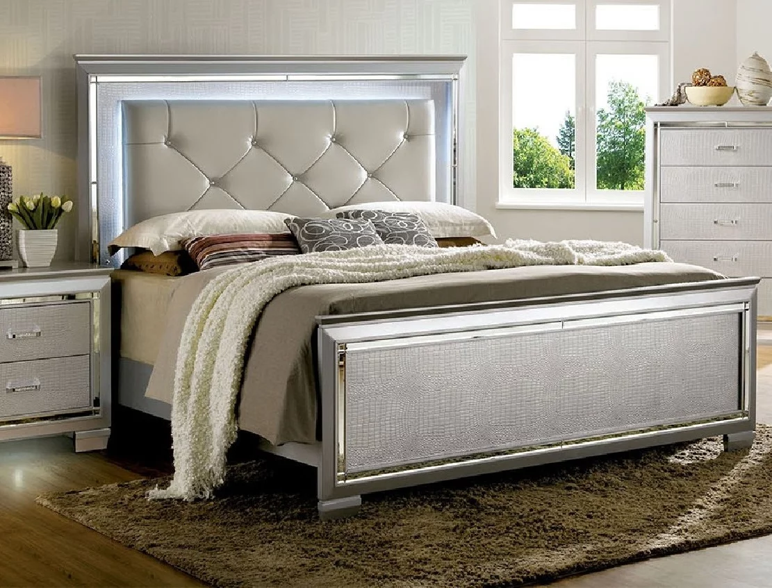 Contemporary Crocodile Textured Details Padded Tufted Leatherette HB California King Size Bed Dresser Mirror Nightstand 4pc Set Silver FinishBedroom Furniture
