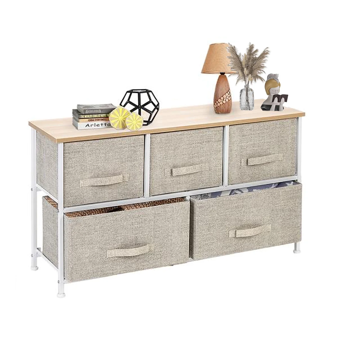 RUseeN 2-Tier Wide Closet Dresser, Nursery Dresser Tower With 5 Easy Pull Fabric Drawers And Metal Frame, Multi-Purpose Organizer Unit For Closets, Dorm Room, Living Room, Hallway, Linen/Natural