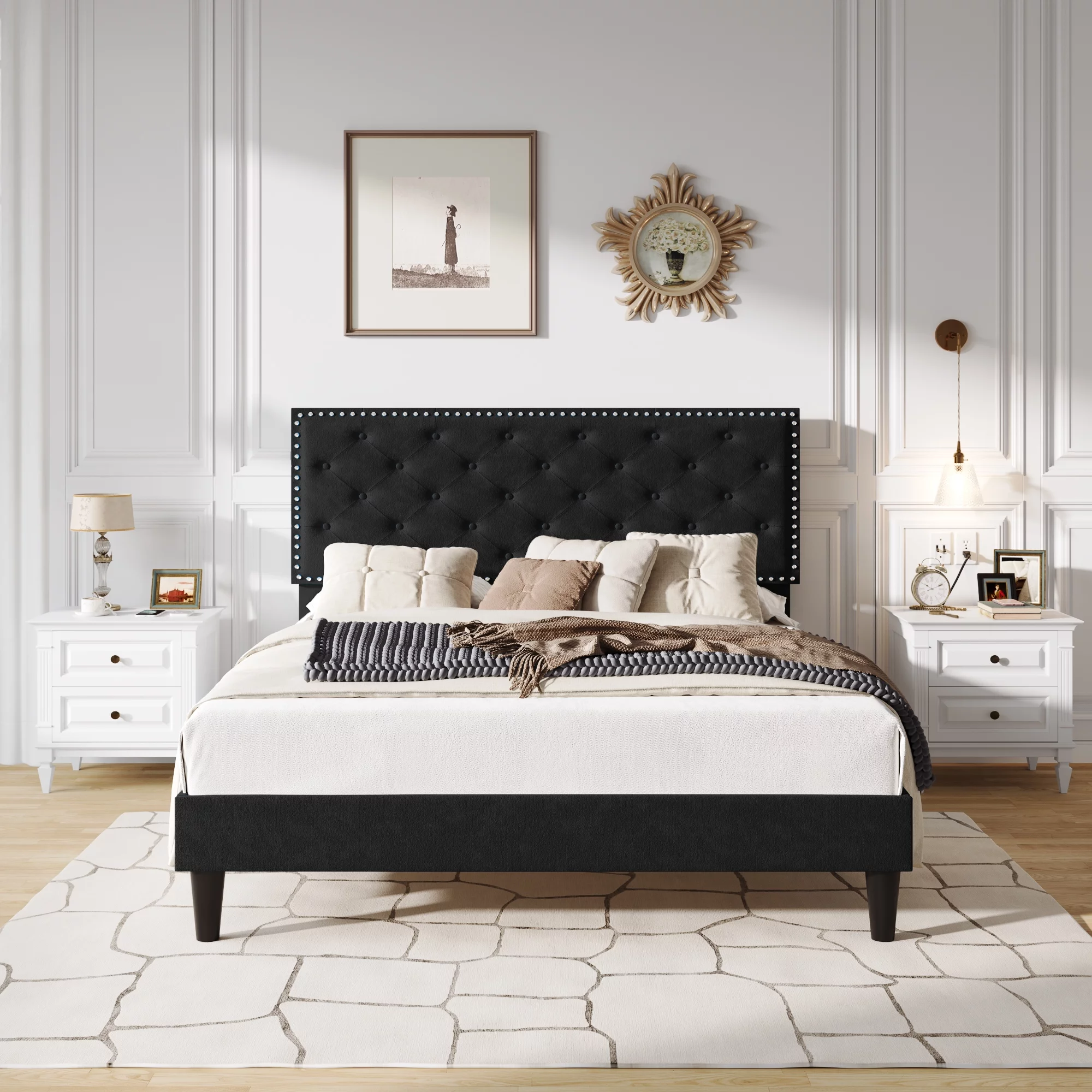 SHA CERLIN Black Queen Size Velvet Platform Bed Frame with Adjustable Headboard & Underbed Storage, Adult