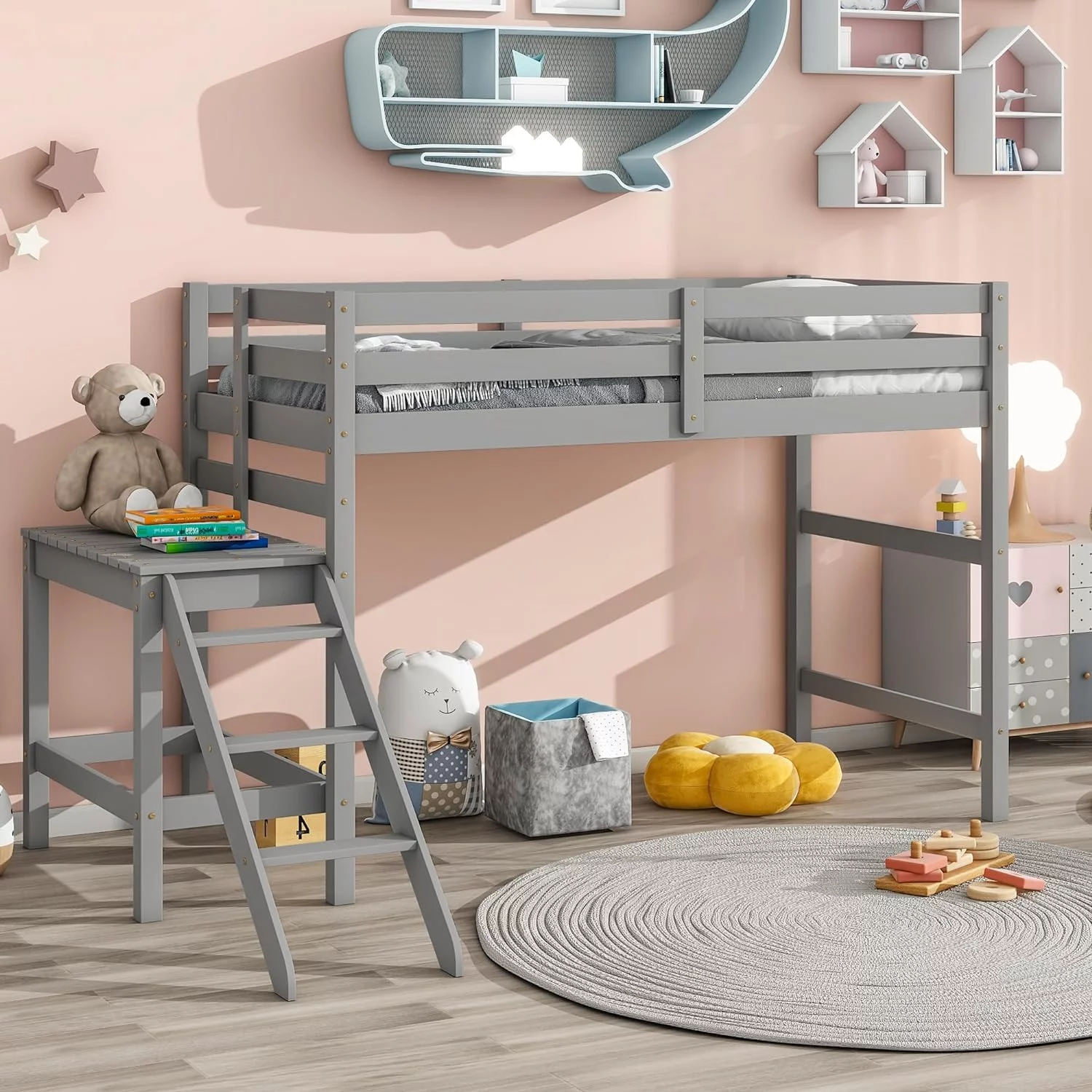 Size Loft Bed With Platform, Wood Loftbed Frame With Ladder And High Guardrail, Low Loft Bed Frame For Kids Teens Bedroom Dorm, Gray