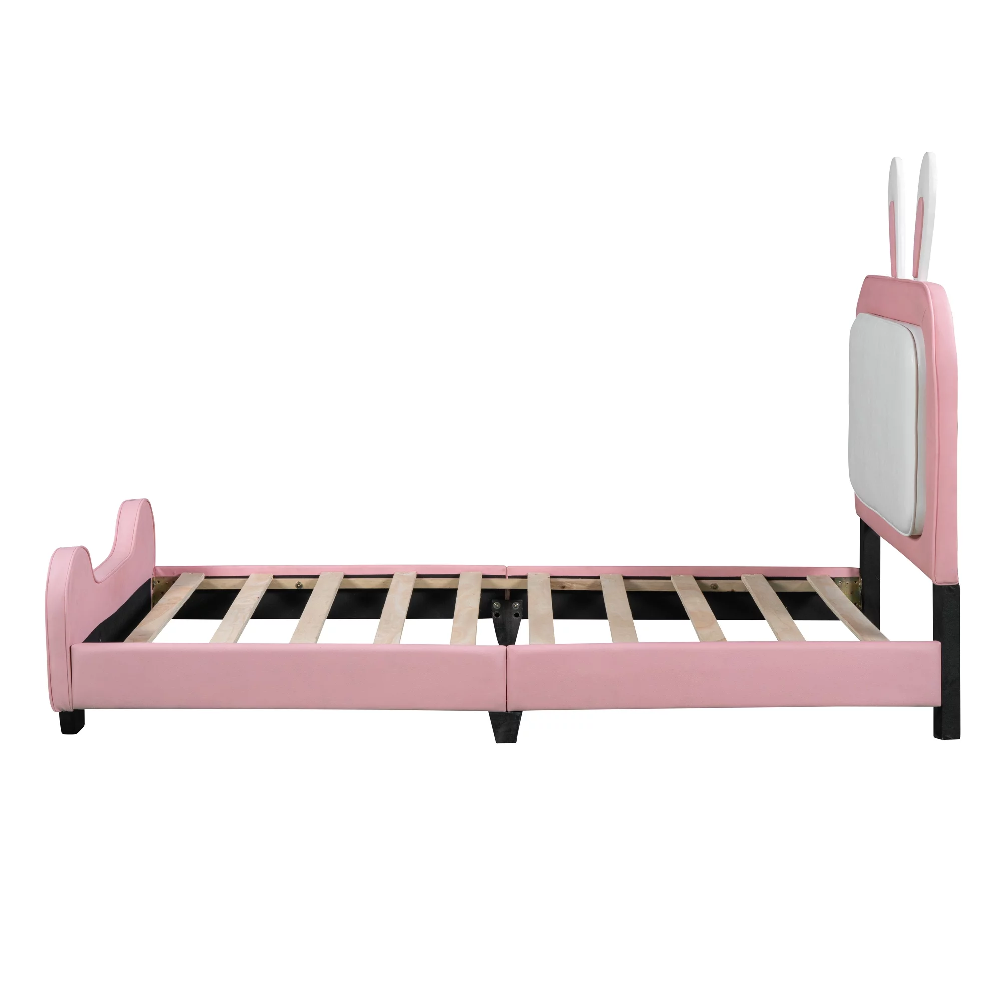 Twin size Upholstered Rabbit-Shape Princess Bed，Cosymart Twin Size Platform Bed with Headboard and Footboard, White+Pink