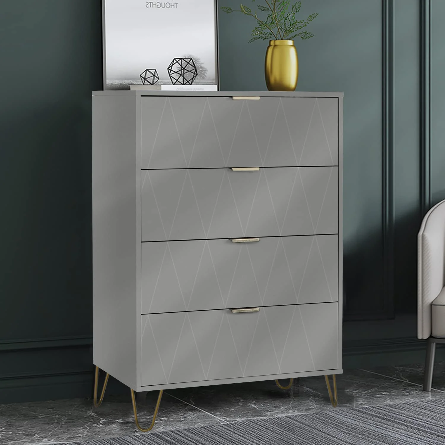 4 Drawer Dresser   Cabinet  Tall Drawers Chest Organization for Closet  Bedroom  Office File Nightstand  Living Room  Entryway with 4 Metal Legs Anti-Tipping Device(Set of 1 Grey)